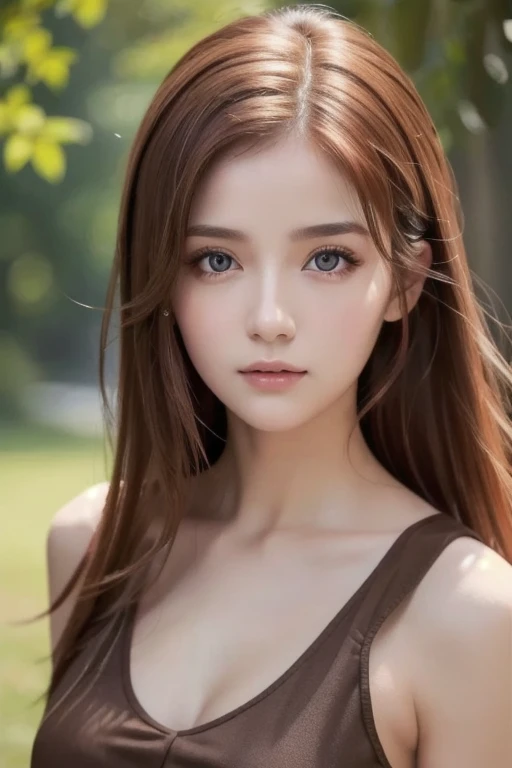 best quality , Masterpiece, ( realistic: 1.2), 1 girl, slim girls, Red Hair, brown eyes, Front , detailed face, beautiful eyes, brown eyes, big eyes, small , Cleevidge , long dress