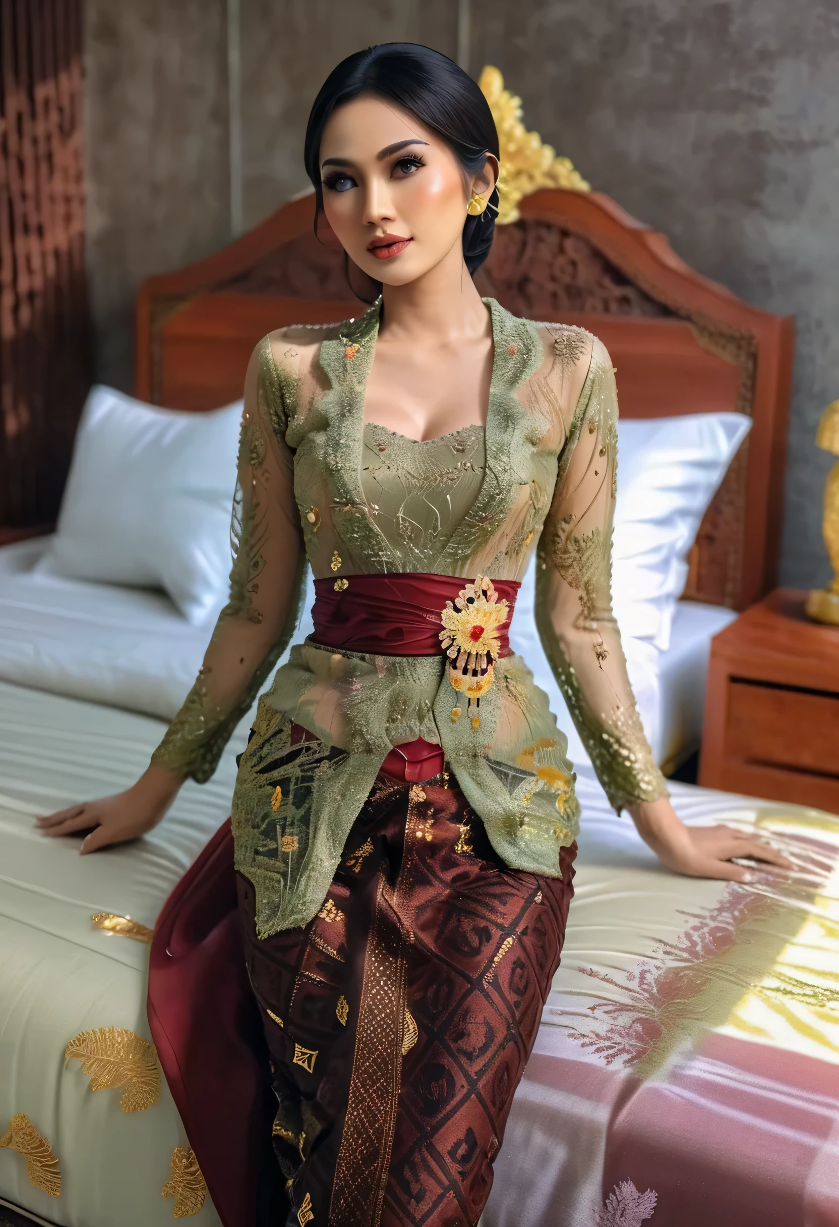 A Young woman in the glamour kebaya, full body,gold and maroon tight long sexy kebaya, flowy dramatic long kebaya,very long flor length gown, tall women, lying in bed room, sexy face,sexy pose, masterpice, hyper realistic, realistic lightning, Ensure that the image is photorealistic and of top-quality 8K HDR, capturing every intricate detail of the scene.,kebaya,kebaya indonesia,p3rfect ,cleavage