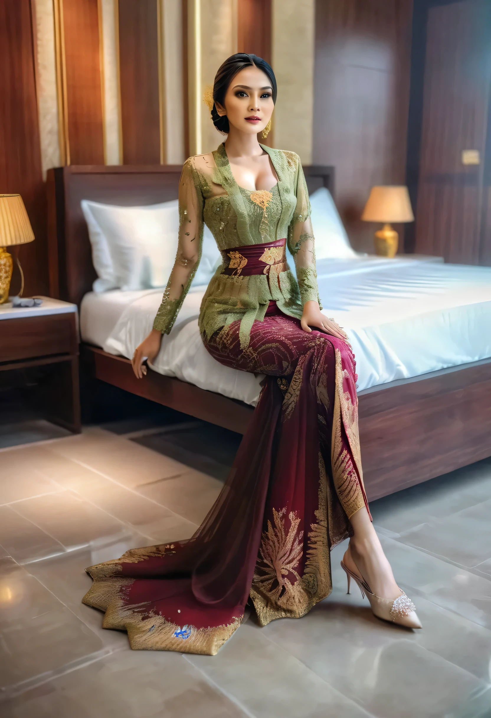 A Young woman in the glamour kebaya, full body,gold and maroon tight long sexy kebaya, flowy dramatic long kebaya,very long flor length gown, tall women, lying in bed room, sexy face,sexy pose, masterpice, hyper realistic, realistic lightning, Ensure that the image is photorealistic and of top-quality 8K HDR, capturing every intricate detail of the scene.,kebaya,kebaya indonesia,p3rfect ,cleavage