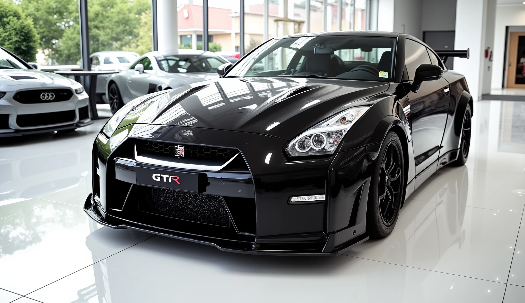 Front side view of painted black with shiny clour Nissan GT-R sleek in large shape sedan in large size with GT-R logo on its large detailed grille in shiny white clour with angular sporty design captured from close back side view with modified sleek backlights & with a "GT-R" logo and with modified cutting edge tenology with a plate called "Nissan" with in a Luxury bright showroom with white gleamy floor Quality, with two rectumgular exahust" with very low suspension of car that touches showroom surface Super Detailed, and shining of showroom falling on car surface