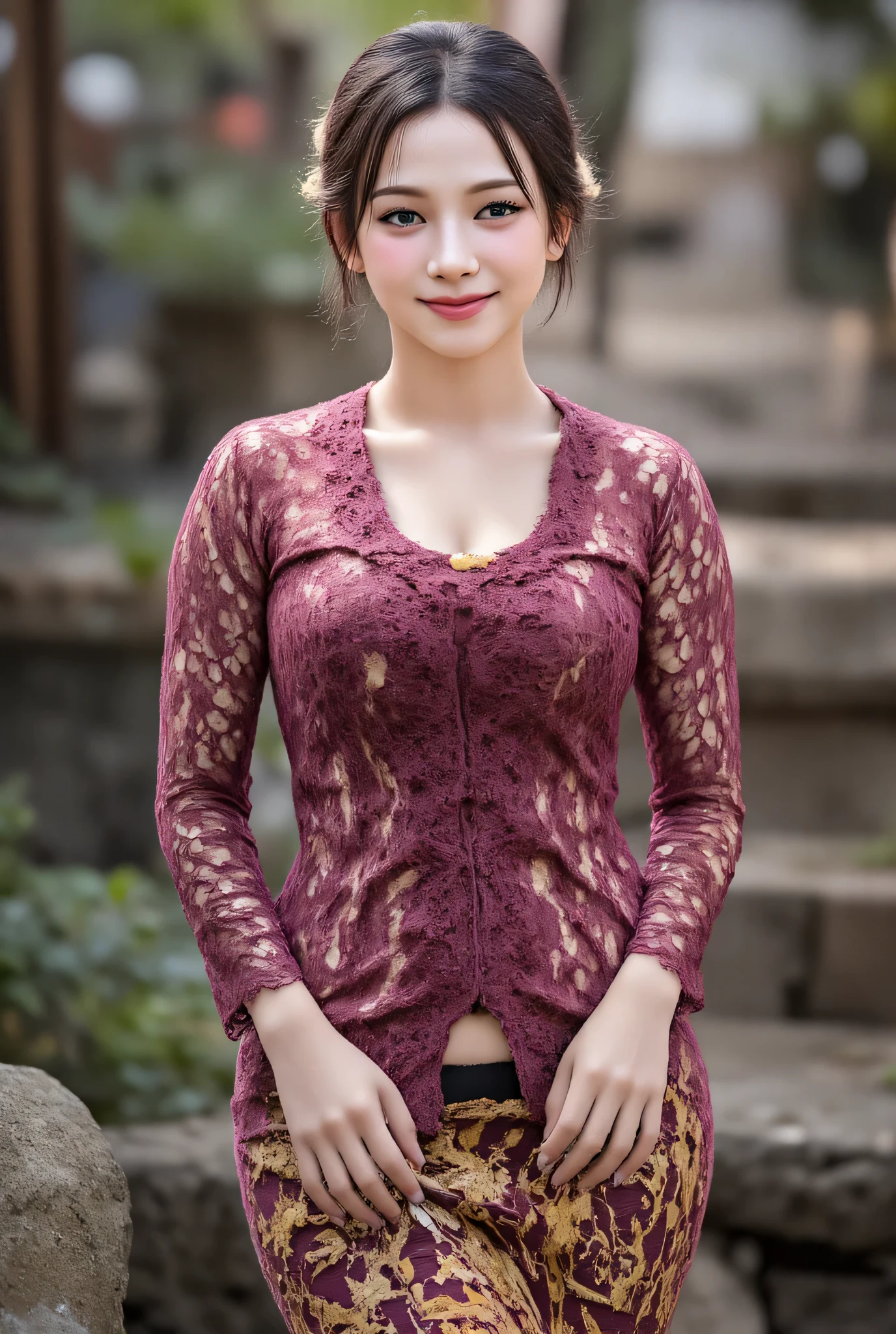 of a 25 year old woman, sweet smile, standing facing forward, use maroon transparent bali kebaya shirt((ideal breast))