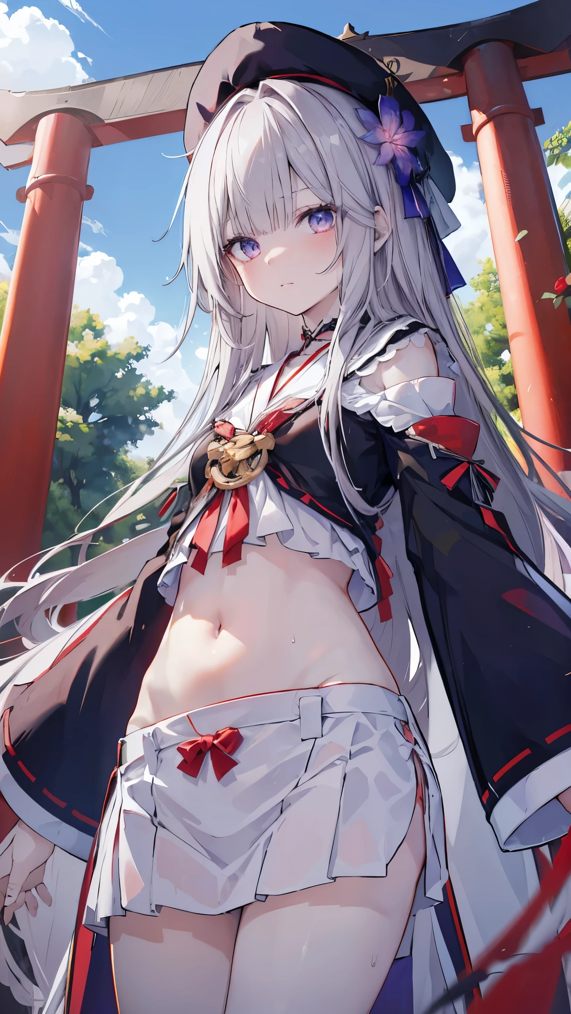  best quality 、、(Whitening skin)、 long hair,Petite、 slender, Witch Uniform,Red Hakama,torii, relax, red cheeks ,belly button, small breasts, slender, sweaty,,blue sky,