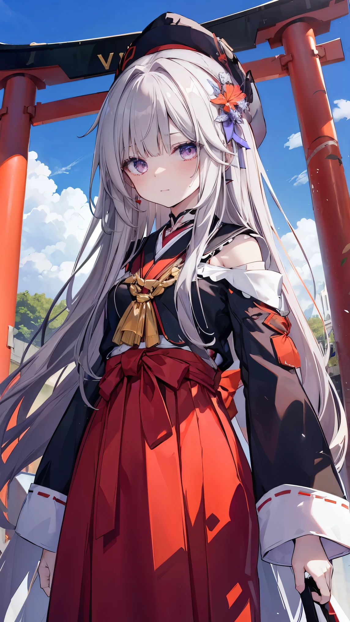 best quality 、、(Whitening skin)、 long hair,Petite、 slender, Witch Uniform,Red Hakama,torii,, red cheeks ,, small , slender, sweaty,,blue sky,