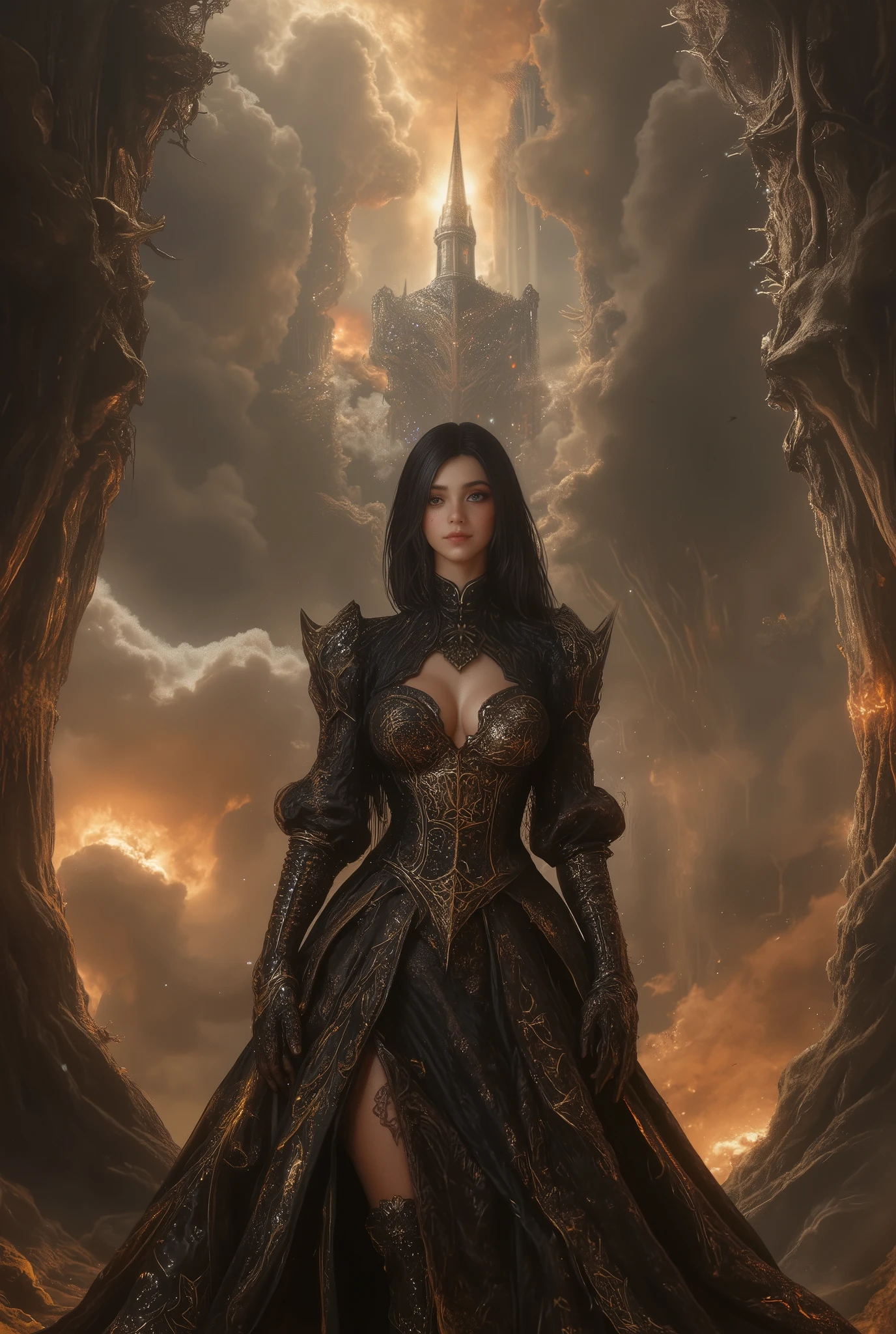 , (8k,  top quality,   Masterpiece  ,  Final Fantasy Style: 1.2), (  realistic  , photo  realistic  : 1.37),  super detailed, ,Dreamy,A surreal mixed fantasy world,Combination of  realistic  and fantastical elements , magical effects , The Battle Between Good and Evil, ( Swirling Fire:1),universe, ((( the sky cracks due to the magic emitted by the witch, Cracked Sky,  The sky breaks like glass , Strain ,  black clouds spring up from Crack ))), thunder, eruption,  Magic Rim ,  Complex Patterns , 