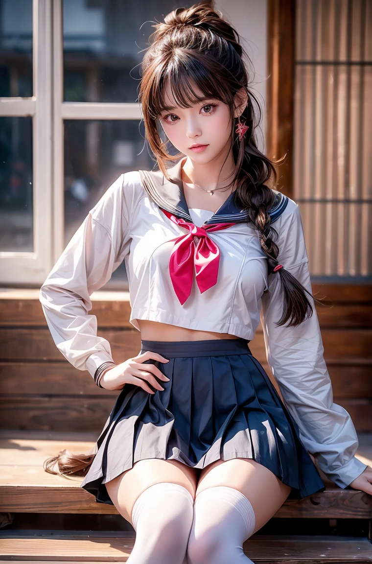 (8k, RAW photo, photorealistic: 1.25), (lip gloss, eyelashes, bright face, glowing skin, red hair, best quality, ultra high resolution, depth of field, chromatic aberration, caustic, wide lighting, natural shading, Kpop idol) looking at the viewer with a serene and divine bliss, college room, sailor's uniform, miniskirt
