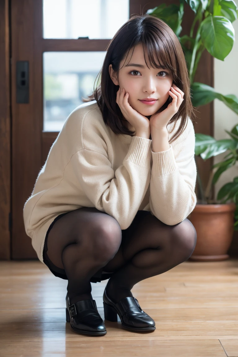 (Happy expression:1.26)、Raw photo、(((The ultimate beauty full-body photography)))、((Glowing Skin))、1 girl、Beautiful 17 year old girl from Prague、Bright expression、((Brown haired))、Girl in sweatshirt、Skirt、View from the floor、(Long stockings or pantyhose)、(Skirt中)、Spread your legs、squat、Contrapuntal Shot、((Ultra-detailed))、(Perfectly detailed face)、(Detailed hand)、Photorealistic images、((masterpiece、最high quality、Ultra-detailed、Film Light、Intricate details、High resolution、Very detailed))、Detailed Background、8KUHD、Digital SLR、Soft Light、high quality、Film Grain、Fujifilm XT3 、Shallow depth of field、Natural soft light、Kamimei、 、((Sexy panties in full view:1.2))、((Spread your legs wide:1.2))