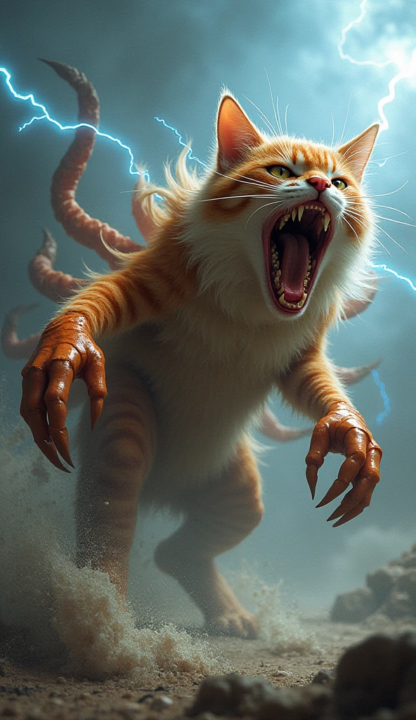 a detailed flerken, from marvel comics, orange cat with tentacles coming out of his mouth, epic scene, (cinematic:1.2), dynamica angle, masterpiece, best quality