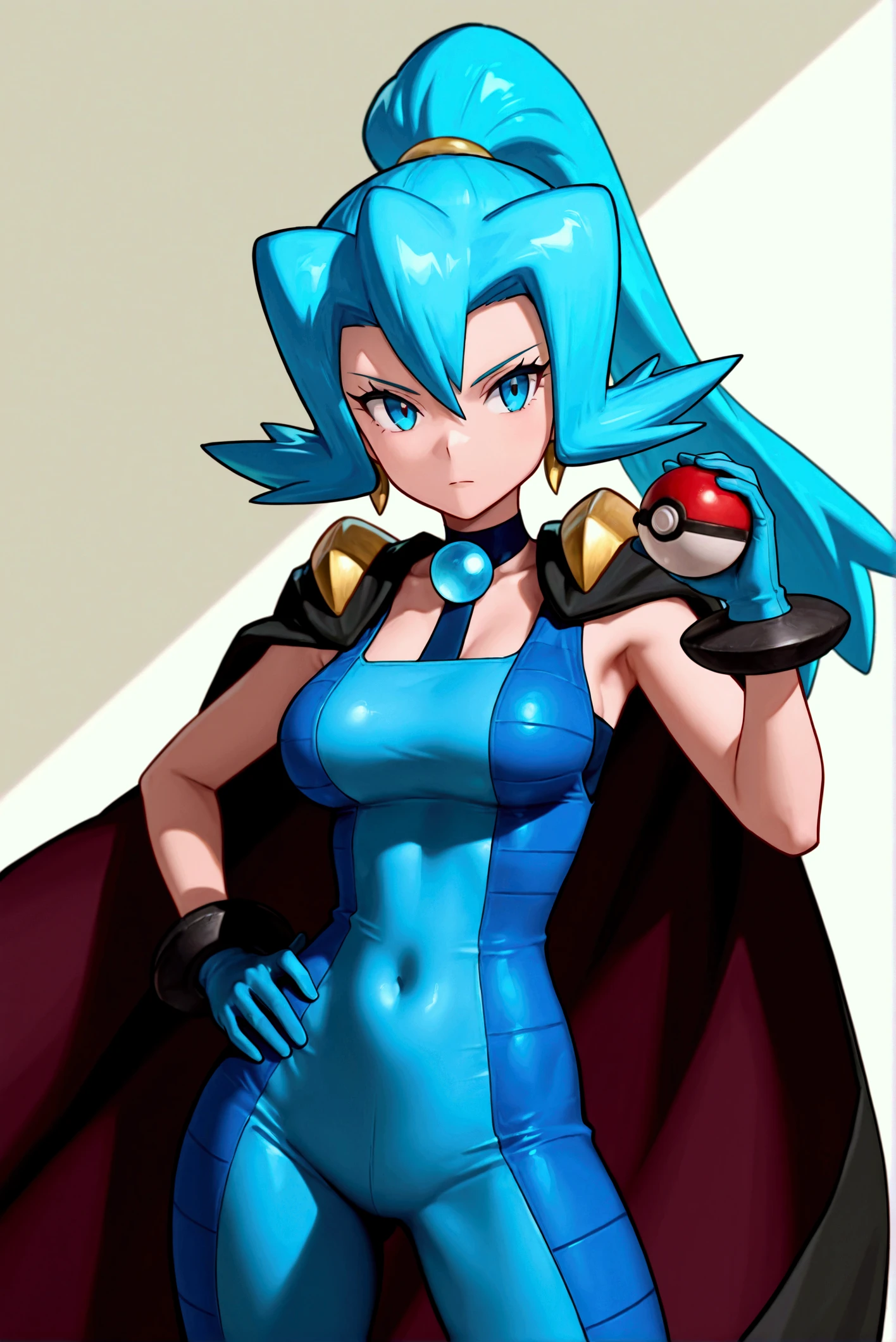 (Clair: zzClair, solo, 1girl, long hair, blue hair, blue eyes, ponytail, blue bodysuit, black cape, blue gloves,),solo, holding a pokeball, Island with rock dragon shape like, Dynamic angle, expressionless, Hand on hip, (Best quality,Exquisite facial features,Split Lighting,UHD)