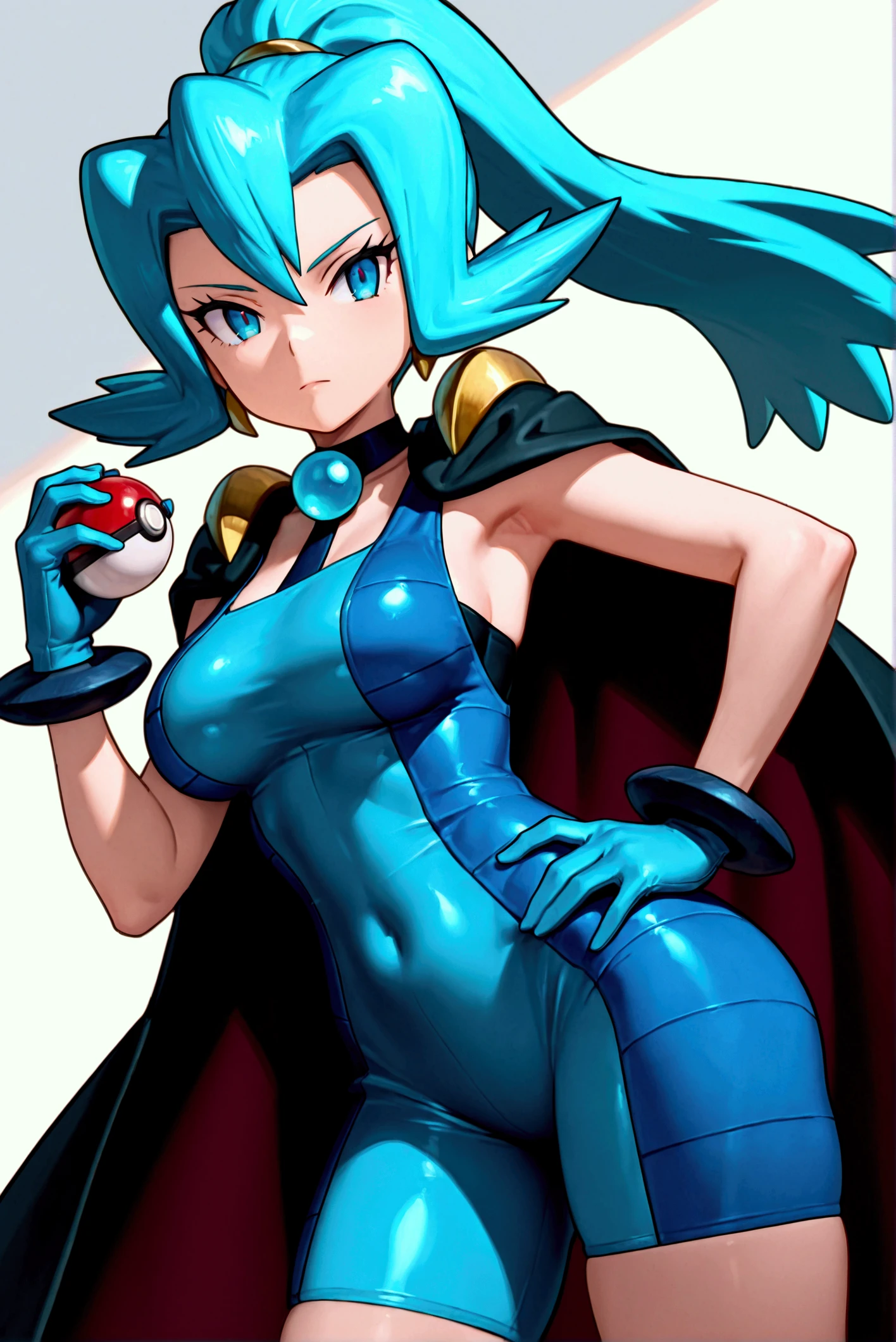 blush, smileglowing aura, natural light, masterpiece, glossy skin, juicy lips , sexy, hot, cleavage, evil,juicy lips, bimbo, ((Clair)), pokemon, hour glass, blue hair, wide eyes, blue eyes, massive boobs, ponytail, dark lighting, long hair, pink bow, platform shoes, bow in hair, light blue hair, juicy lips, blue tights, blackcape, (((disgusted)))
