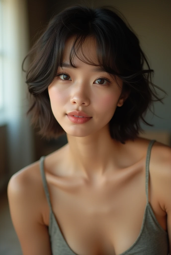 (Highest quality, 8k, 32K, masterpiece, Ultra-high resolution:1.2), Beautiful Japanese Women Photo, Short straight hair, natural beauty, (Leaning forward:1.3), (close:1.4), indoors, Look at audience, facial expressions amused, smug; provocative, cleavage, Blurred Background