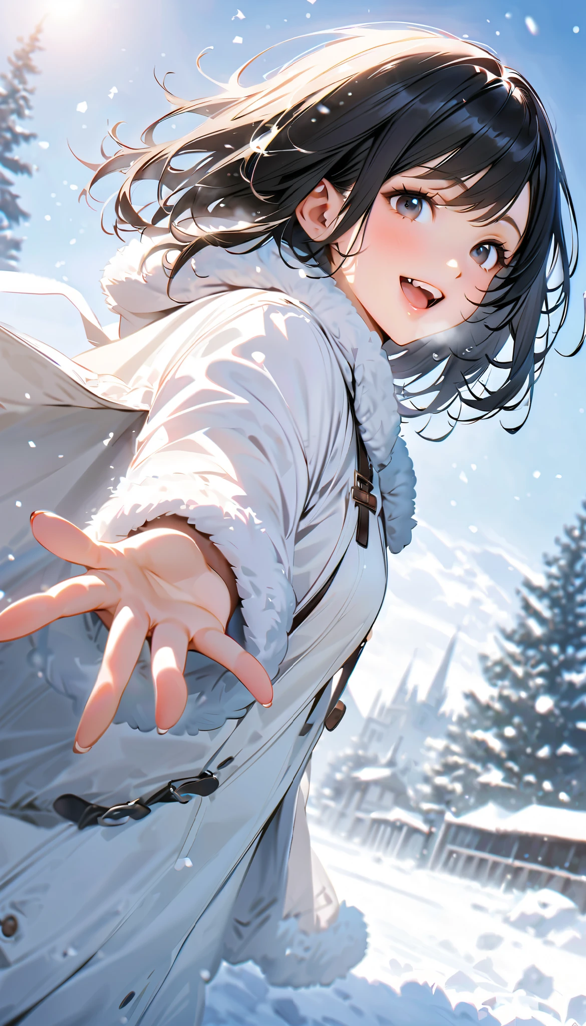 ( best quality :1.2, very detailed, Latest, lively, best quality , Aesthetics at its best) , Face Up Shot, ((( very detailed目と顔))), Official Art, 8k Ultra HD, very detailed, Delicate and dynamic, blurred background , Outdoors, daytime, Hiku Snow Scenery , there's snow on the ground, it's snowing, Falling Snow, winter, White World, is dazzling, one woman, 2.5D, smile, black eyes, black hair, young, Fluffy winter clothes, Get excited, dynamic pose, dynamic angle, Realistic, her breath is white