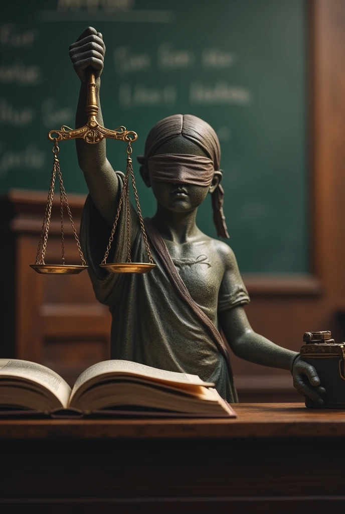 Picture of The Justices, a judge holding a scale and blindfolded. 