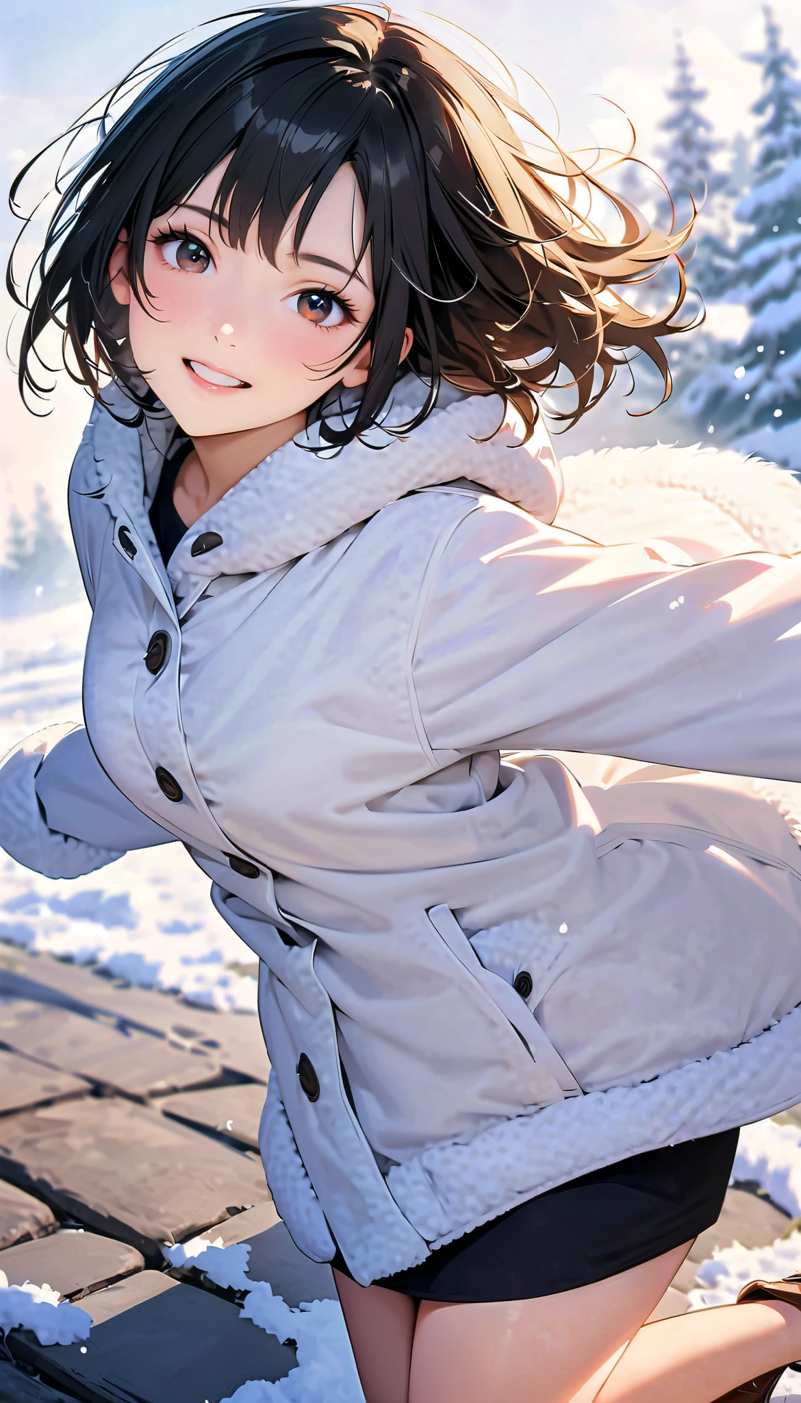 ( best quality :1.2, very detailed, Latest, lively, best quality , Aesthetics at its best) , Face Up Shot, ((( very detailed目と顔))), Official Art, 8k Ultra HD, very detailed, Delicate and dynamic, blurred background , Outdoors, daytime, Hiku Snow Scenery , there's snow on the ground, it's snowing, Falling Snow, winter, White World, is dazzling, one woman, 2.5D, smile, black eyes, black hair, young, Fluffy winter clothes, Get excited, dynamic pose, dynamic angle, Realistic, her breath is white