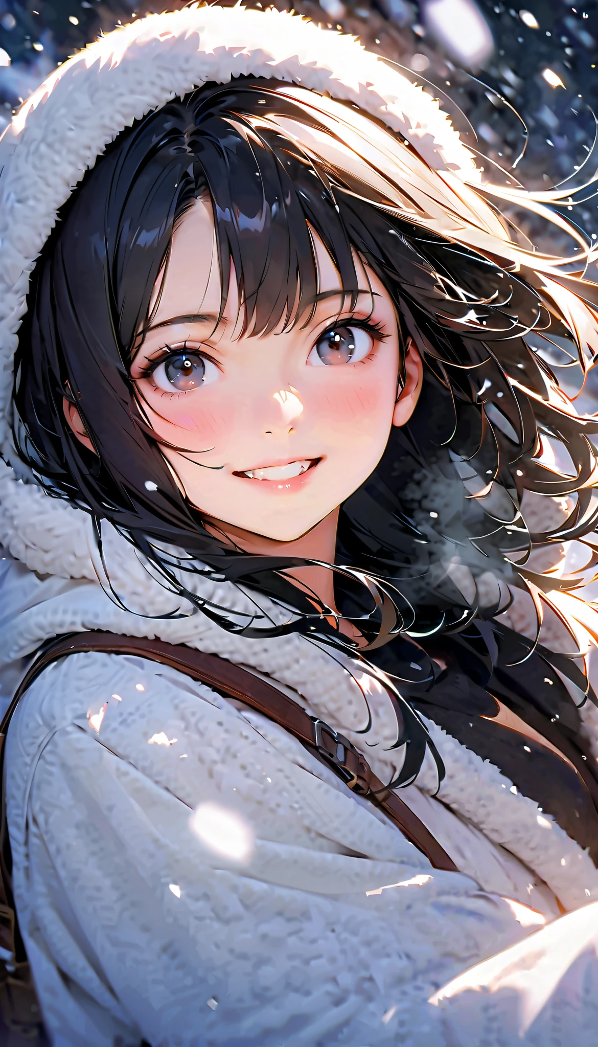 ( best quality :1.2, very detailed, Latest, lively, best quality , Aesthetics at its best) , Face Up Shot, ((( very detailed目と顔))), Official Art, 8k Ultra HD, very detailed, Delicate and dynamic, blurred background , Outdoors, daytime, Hiku Snow Scenery , there's snow on the ground, it's snowing, Falling Snow, winter, White World, is dazzling, one woman, 2.5D, smile, black eyes, black hair, young, Fluffy winter clothes, Get excited, dynamic pose, dynamic angle, Realistic, her breath is white