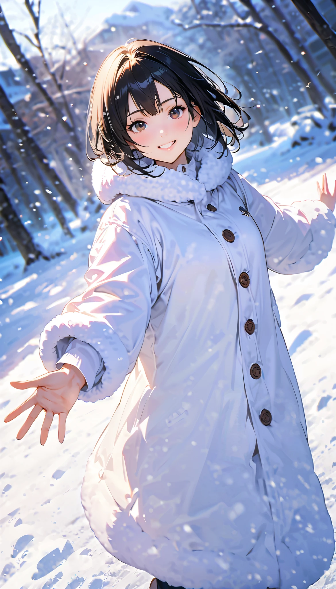 ( best quality :1.2, very detailed, Latest, lively, best quality , Aesthetics at its best) , Face Up Shot, ((( very detailed目と顔))), Official Art, 8k Ultra HD, very detailed, Delicate and dynamic, blurred background , Outdoors, daytime, Hiku Snow Scenery , there's snow on the ground, it's snowing, Falling Snow, winter, White World, is dazzling, one woman, 2.5D, smile, black eyes, black hair, young, Fluffy winter clothes, Get excited, dynamic pose, dynamic angle, Realistic, her breath is white