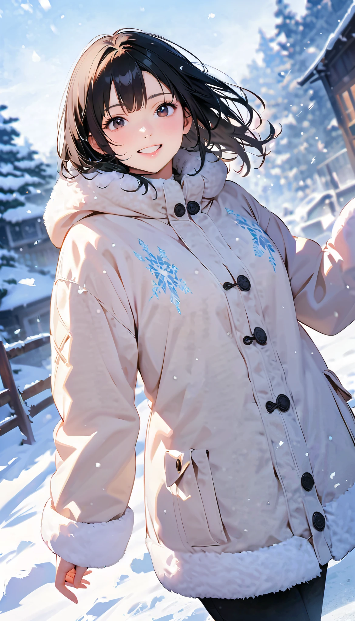 ( best quality :1.2, very detailed, Latest, lively, best quality , Aesthetics at its best) , Face Up Shot, ((( very detailed目と顔))), Official Art, 8k Ultra HD, very detailed, Delicate and dynamic, blurred background , Outdoors, daytime, Hiku Snow Scenery , there's snow on the ground, it's snowing, Falling Snow, winter, White World, is dazzling, one woman, 2.5D, smile, black eyes, black hair, young, Fluffy winter clothes, Get excited, dynamic pose, dynamic angle, Realistic, her breath is white
