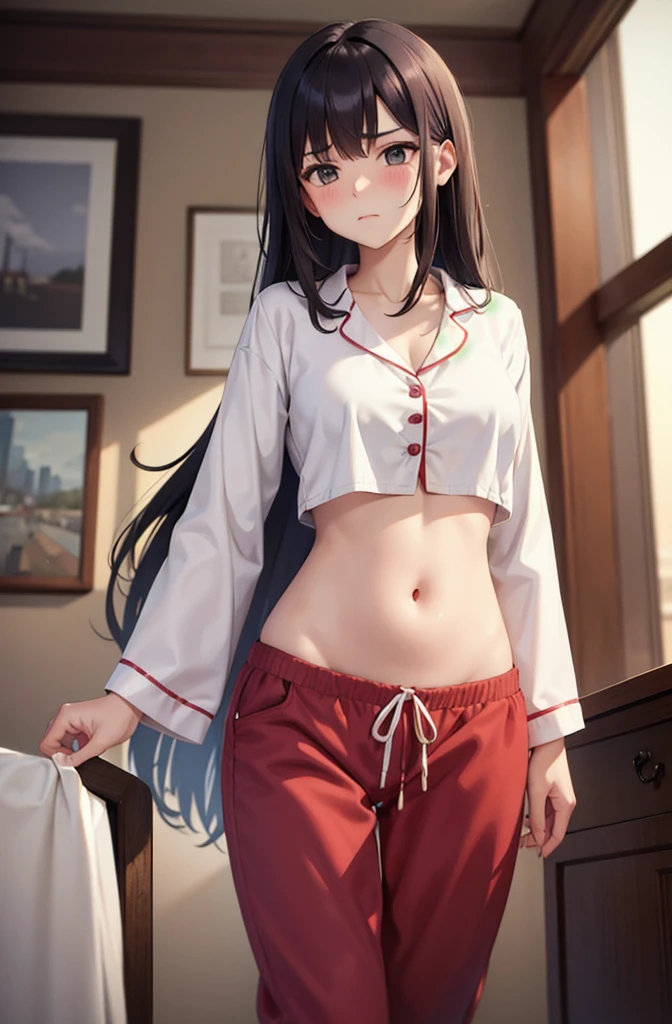 ((masterpiece,best quality)), (highest resolution, distinct_image), perfect anatomy, 1girl, bangs, (black hair:1.2), (wide blunt bangs:1.1), (side bangs:1.4), (long straight hair:1.2), medium breasts, embarrassed, (clothes lift :1.4), (skirt lift:1.5), ((skirt grab)),((panties)),school uniform, panties aside, Panty shots, ((accentuate white panties)), classroom, interior background, (night:1.5),(dark background:1.1),