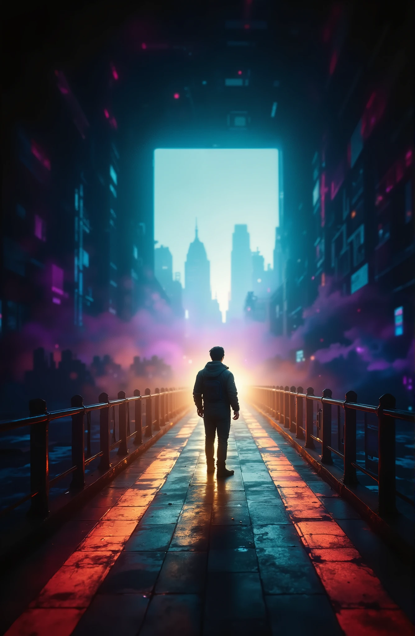 A man stands on the bridge and looks at the bright lights, cyberpunk art ,Battle of the Two Cities Art Style, Bepple masterpiece, Bepple colors, Bepple style, artgem and Bepple masterpiece, artem demura Bepple, style hybrid mix of Bepple, recusion Bepple, realism | Bepple, Bepple art, Bepple!!