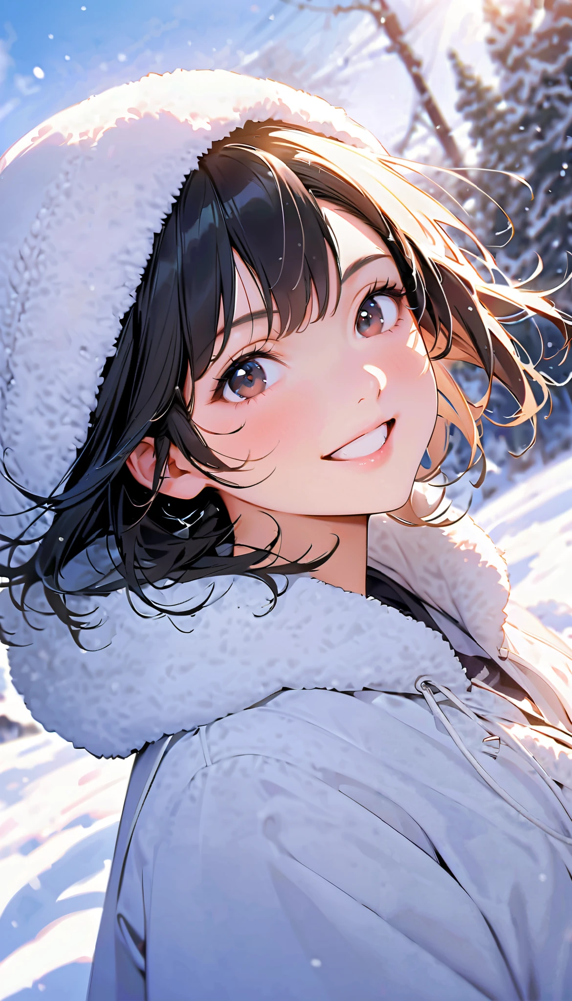 ( best quality :1.2, very detailed, Latest, lively, best quality , Aesthetics at its best) , Face Up Shot, ((( very detailed目と顔))), Official Art, 8k Ultra HD, very detailed, Delicate and dynamic, blurred background , Outdoors, daytime, Hiku Snow Scenery , there's snow on the ground, it's snowing, Falling Snow, winter, White World, is dazzling, one woman, 2.5D, smile, black eyes, black hair, young, Fluffy winter clothes, Get excited, dynamic pose, dynamic angle, Realistic, her breath is white