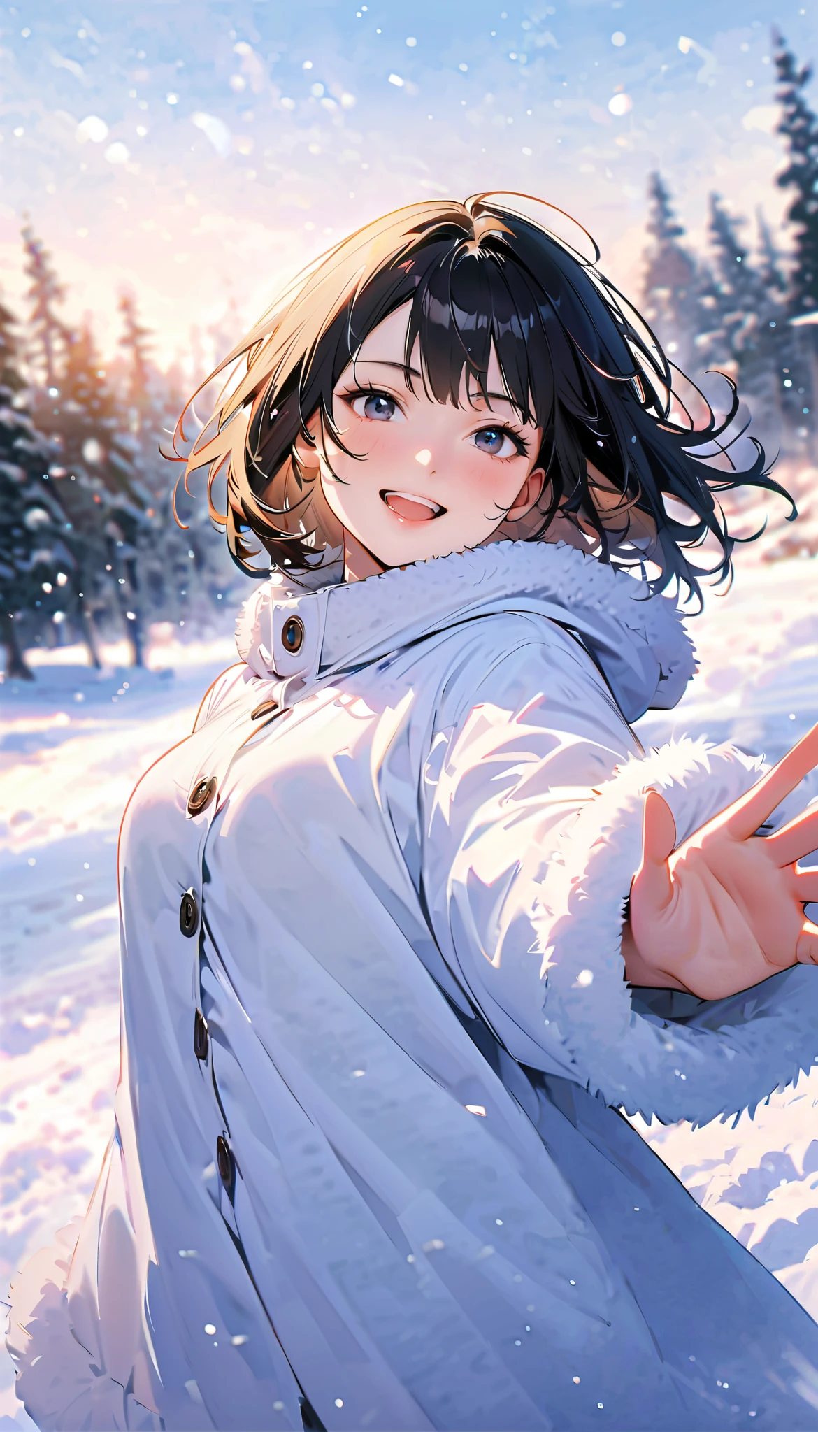 ( best quality :1.2, very detailed, Latest, lively, best quality , Aesthetics at its best) , Face Up Shot, ((( very detailed目と顔))), Official Art, 8k Ultra HD, very detailed, Delicate and dynamic, blurred background , Outdoors, daytime, Hiku Snow Scenery , there's snow on the ground, it's snowing, Falling Snow, winter, White World, is dazzling, one woman, 2.5D, smile, black eyes, black hair, young, Fluffy winter clothes, Get excited, dynamic pose, dynamic angle, Realistic, her breath is white