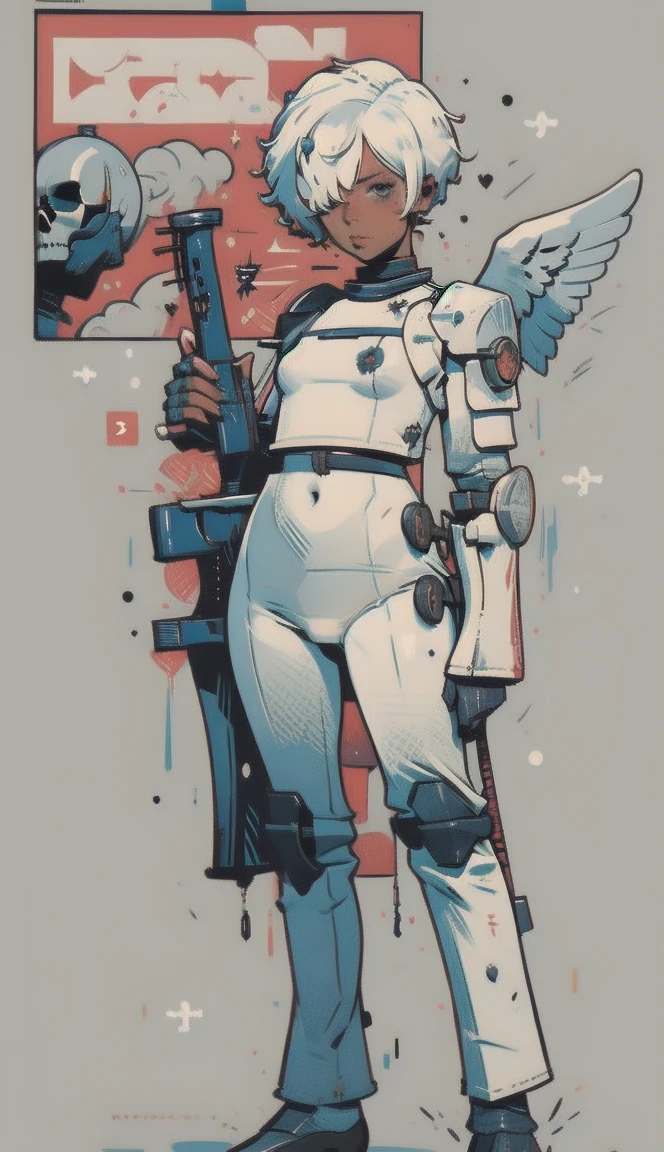 1 woman, High Definition Art , girl in armor , armor, full body, black armor, Image of an angel, (veiled nun), (exoskeleton:1.3), aiming a flintlock rifle at viewers, combat stance, flintlock rifle, shinobu jacobs, white hair, (big hair, messy hair, afro:1.2), hair over one eye, thick eyelashes, dark skin,
