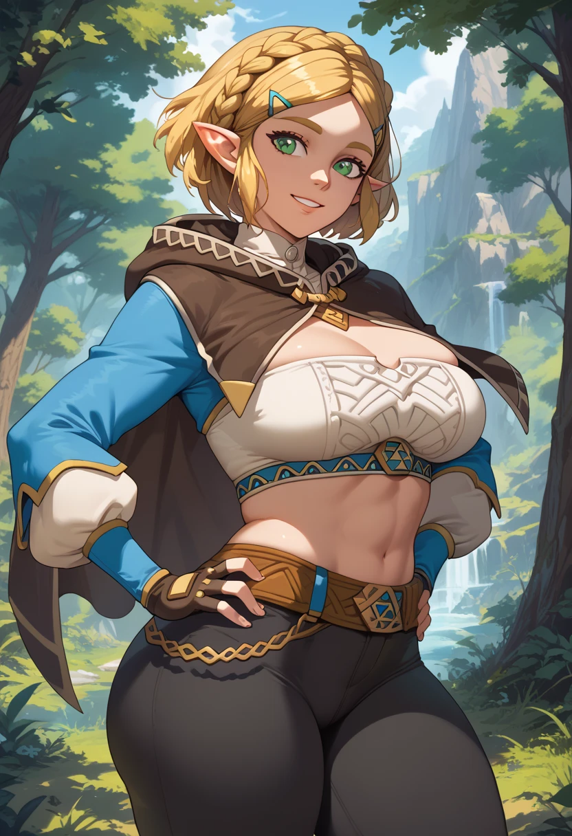 masterpiece, best quality, 1girl, (pricess zelda, nintendo, the legend of zelda, botw, totk, short hair, capelet), beautiful detailed eyes, perfect face, beautiful detailed face, looking at viewer, sigma 400mm f1.8, photo fine print, amazing sharp focus, ultra detailed, (large breasts, top off, underboob, embarrassed, outdoors, thong, cameltoe, holding dress,nsfw, midriff)