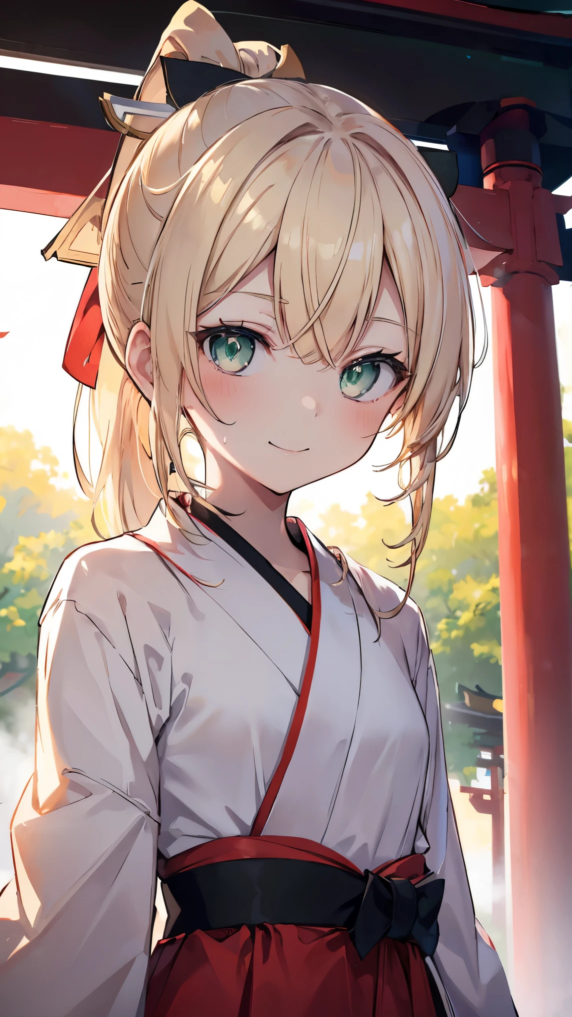 best quality 、Blonde、(Whitening skin)、 green eyes、 ponytail,Petite、 slender,shrine,torii, Witch Uniform,Red Hakama, small breasts, slender, sweaty, red cheeks ,Smile