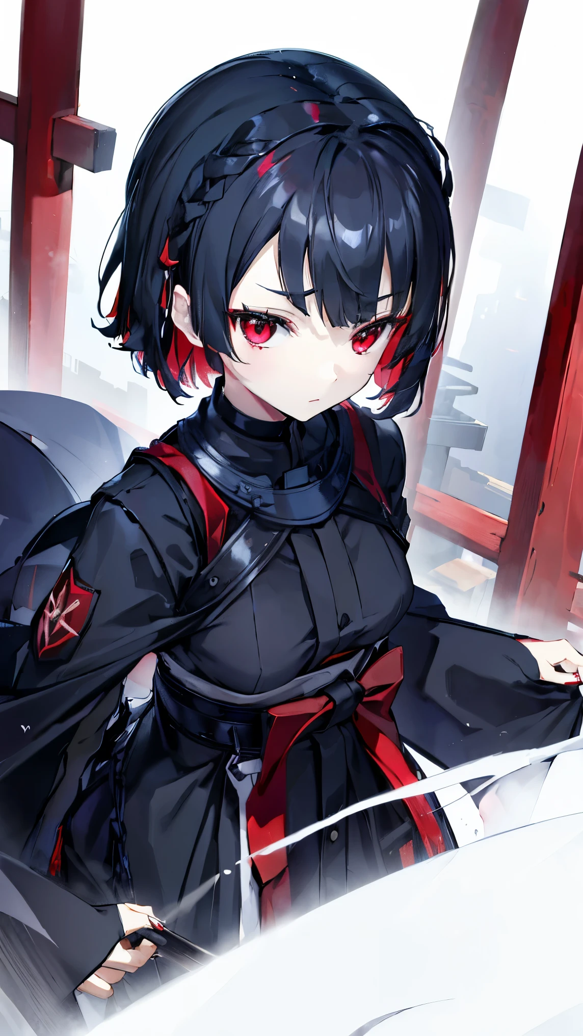 best quality 、 black hair、(Whitening skin)、Red colored eyes,Petite、 slender, toned body ,shrine,torii,, slender, Witch Uniform,Red Hakama,