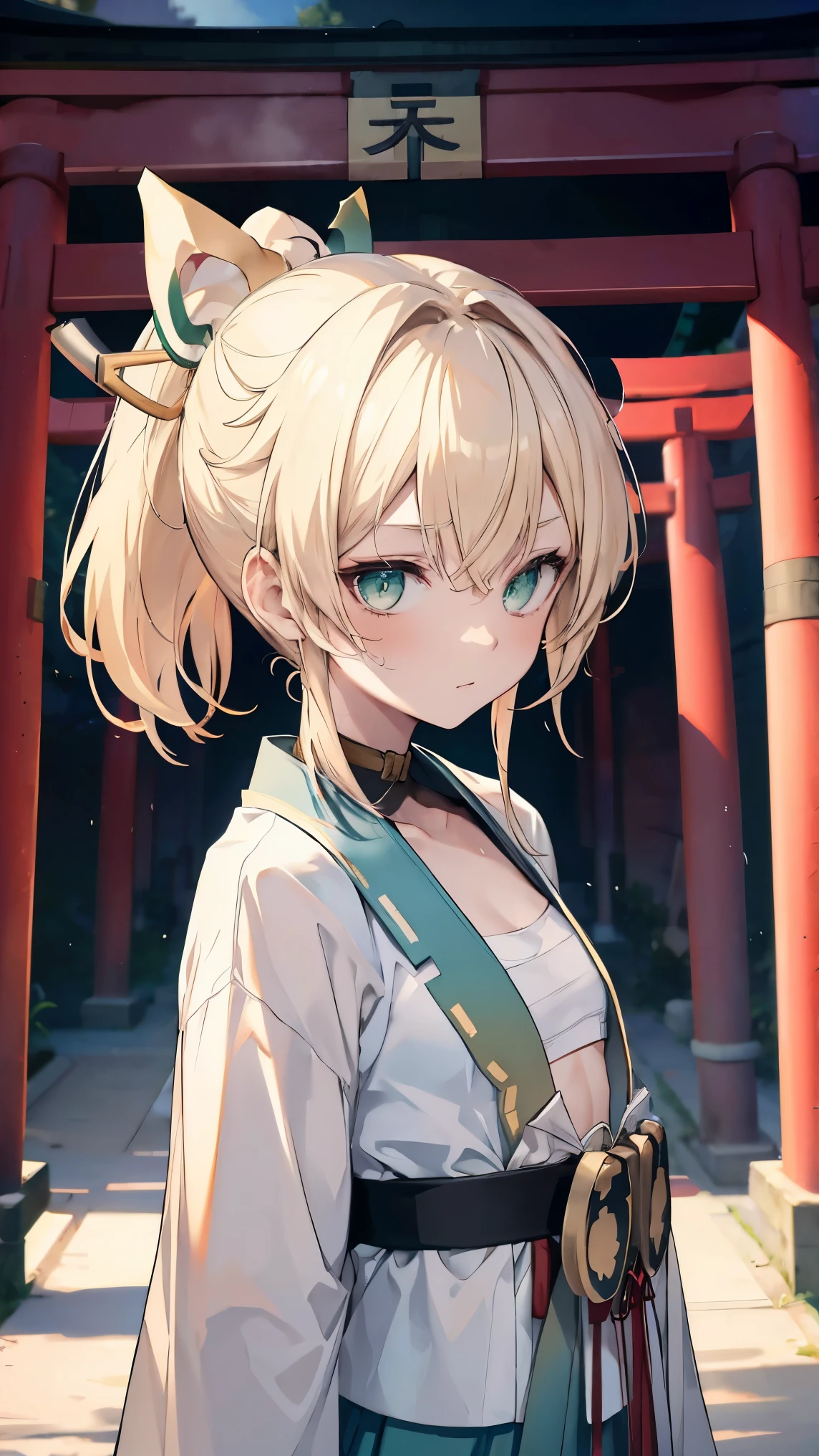 best quality 、Blonde、(Whitening skin)、 green eyes、 ponytail,Petite、 slender,shrine,torii, Witch Uniform,Red Hakama, small breasts, slender, sweaty,,