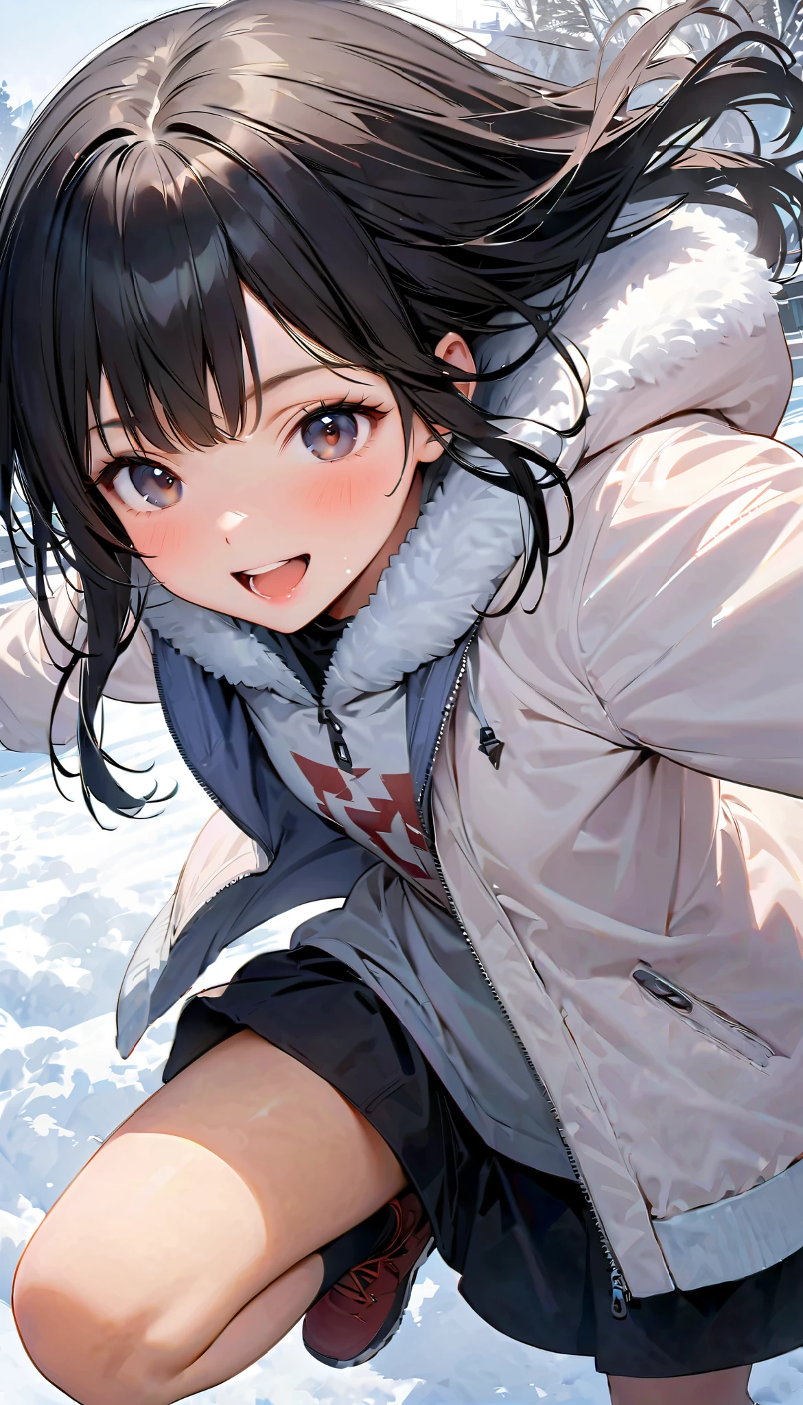 ( best quality :1.2, very detailed, Latest, lively, best quality , Aesthetics at its best) , Face Up Shot, ((( very detailed目と顔))), Official Art, 8k Ultra HD, very detailed, Delicate and dynamic, blurred background , Outdoors, daytime, Hiku Snow Scenery , there's snow on the ground, it's snowing, Falling Snow, winter, White World, is dazzling, one woman, 2.5D, smile, black eyes, black hair, short, pees on a very young , flat chest, Fluffy winter clothes, Get excited, dynamic pose, dynamic angle, Realistic, her breath is white