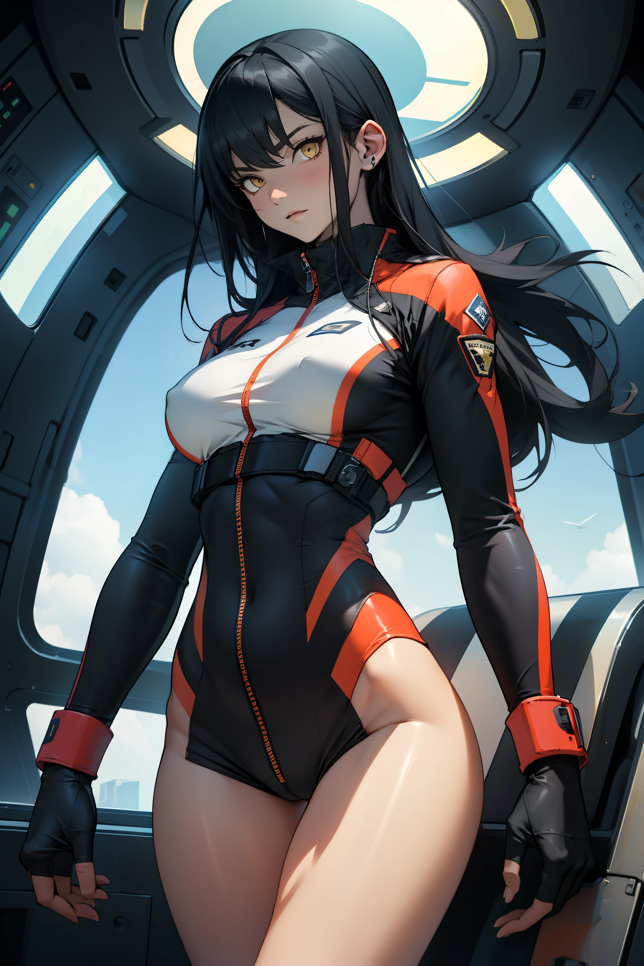1 girl, black hair, yellow eyes, very long hair, pale skin, fit body, slender body, slim waist, large breasts, (confident expression), pilot suit, thigh gap, bare thighs, sleeveless
