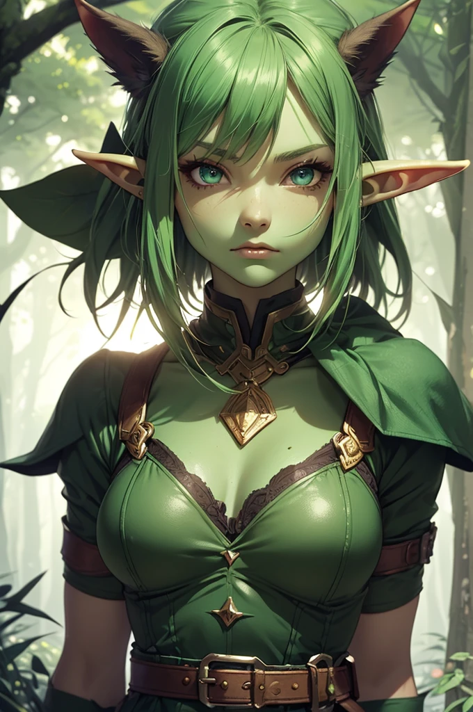 Jungle like environment. A young African-American Woman with a deep rich brown skin tone. She short has leaf green curly hair & is wearing a form-fitting bodysuit with a deep neckline, exposing much of her chest area & slightly revealing mythic flowing Black-Purple-Green cloak with Golden Floral designs. She has Serious yet gentle gaze in her heterochrome eyes, with One eye being a deep green and the other being a light gold. She has long crystal blue antlers radiating Floral energy & a set of quaint elven ears. She has a small cute nose She is seen in a battle stance radiating a floral energy
