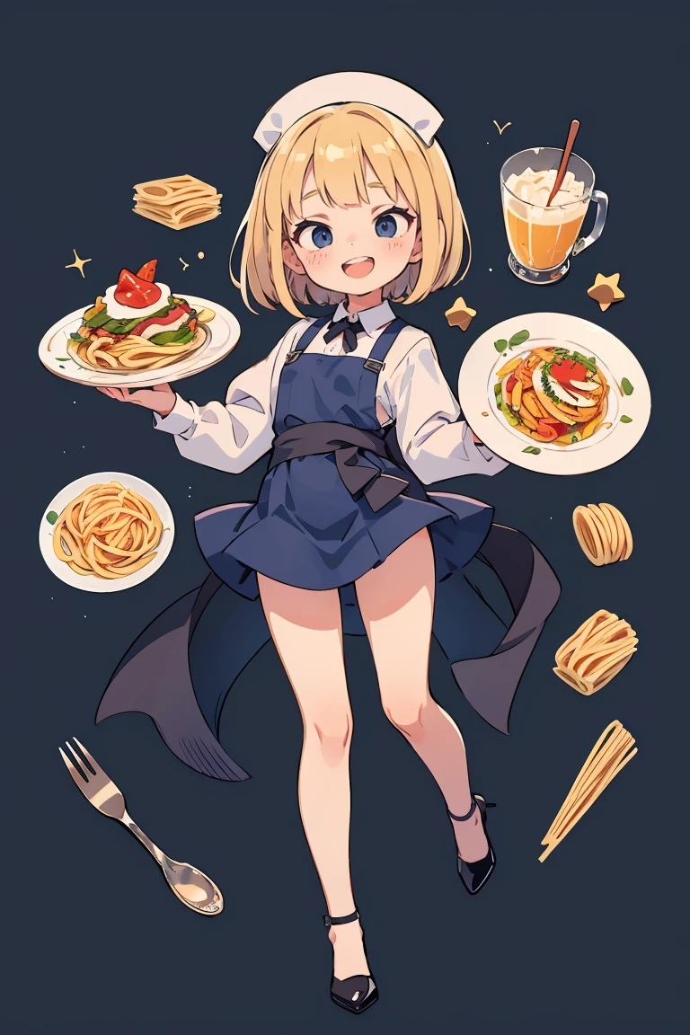 (Best Quality, Masterpiece),sexy mommy, Front cover of a women's cooking magazine, erotic, 18+, nsfw, 1girl, 30 years old, stunning, cute, smile, hourglass figure, Maid costume, beautiful food, text, diagrams, advertisements, magazine title, short blonde hair , brown detailed sparkling eyes,
