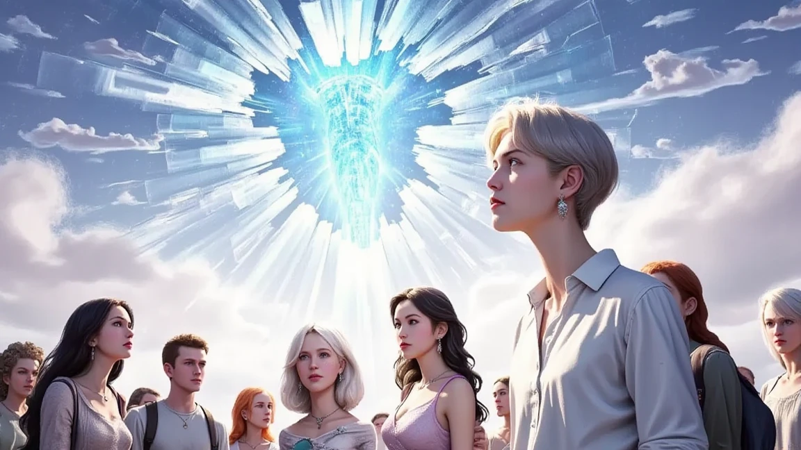 At daylight noon a group of people look to the sky in awe, a cracked sky, 3D blender, caricature, anime