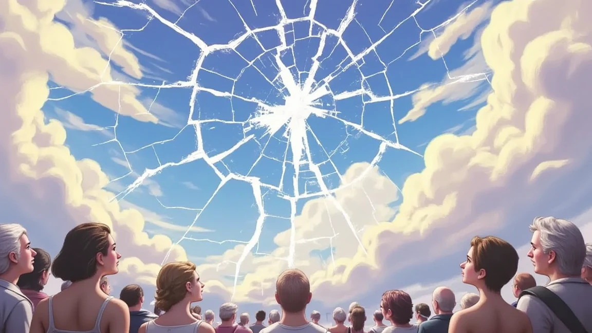 At daylight noon a group of people look to the sky in awe, a cracked sky, 3D blender, caricature, anime