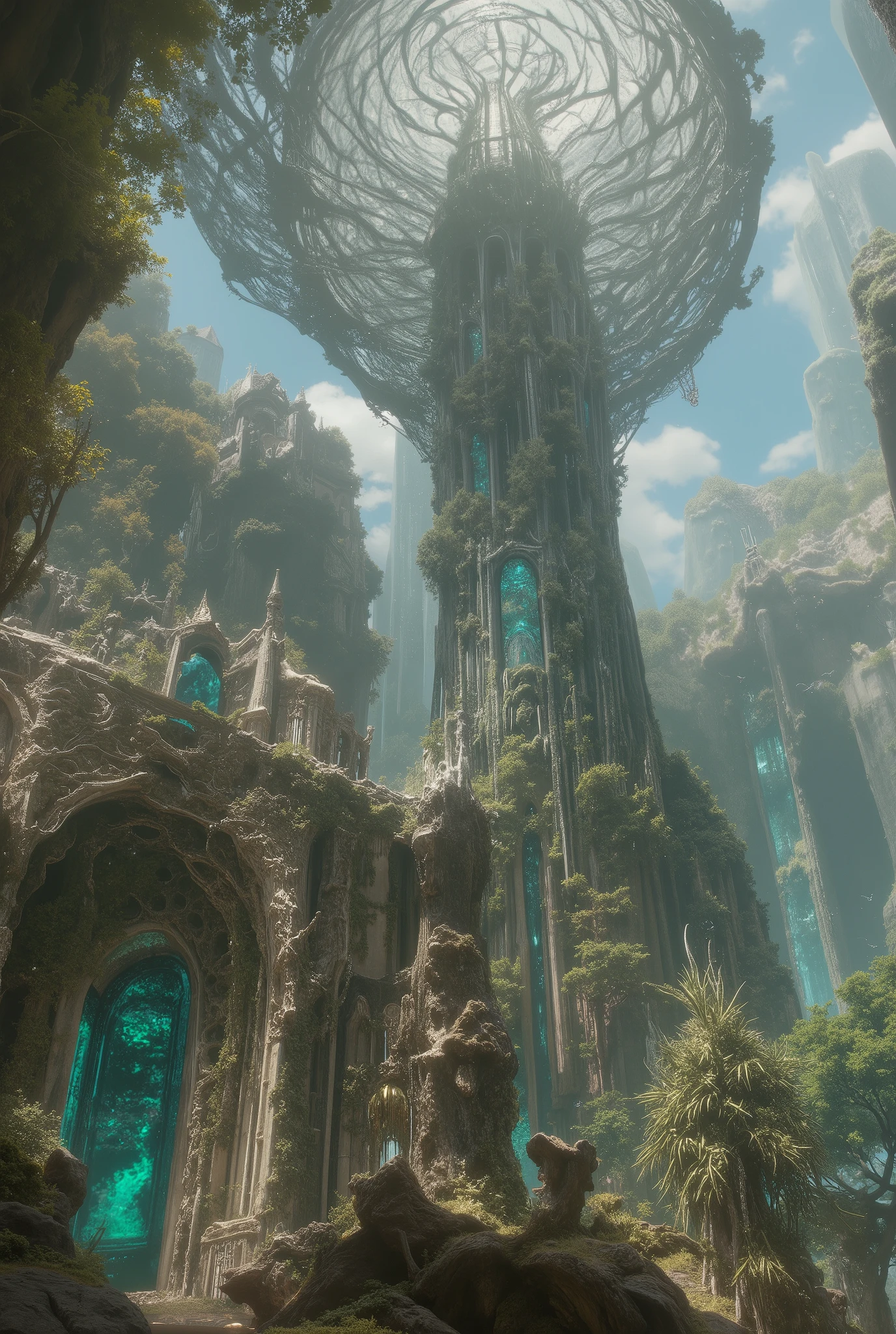 , (8k, top quality, Masterpiece , Final Fantasy Style: 1.2), ( realistic , photo realistic : 1.37), super detailed, ,Dreamy,A surreal mixed fantasy world,Combination of realistic and fantastical elements , magical effects , Glass Ceiling , Glass Covered Space, Cracked Ceiling , Maze