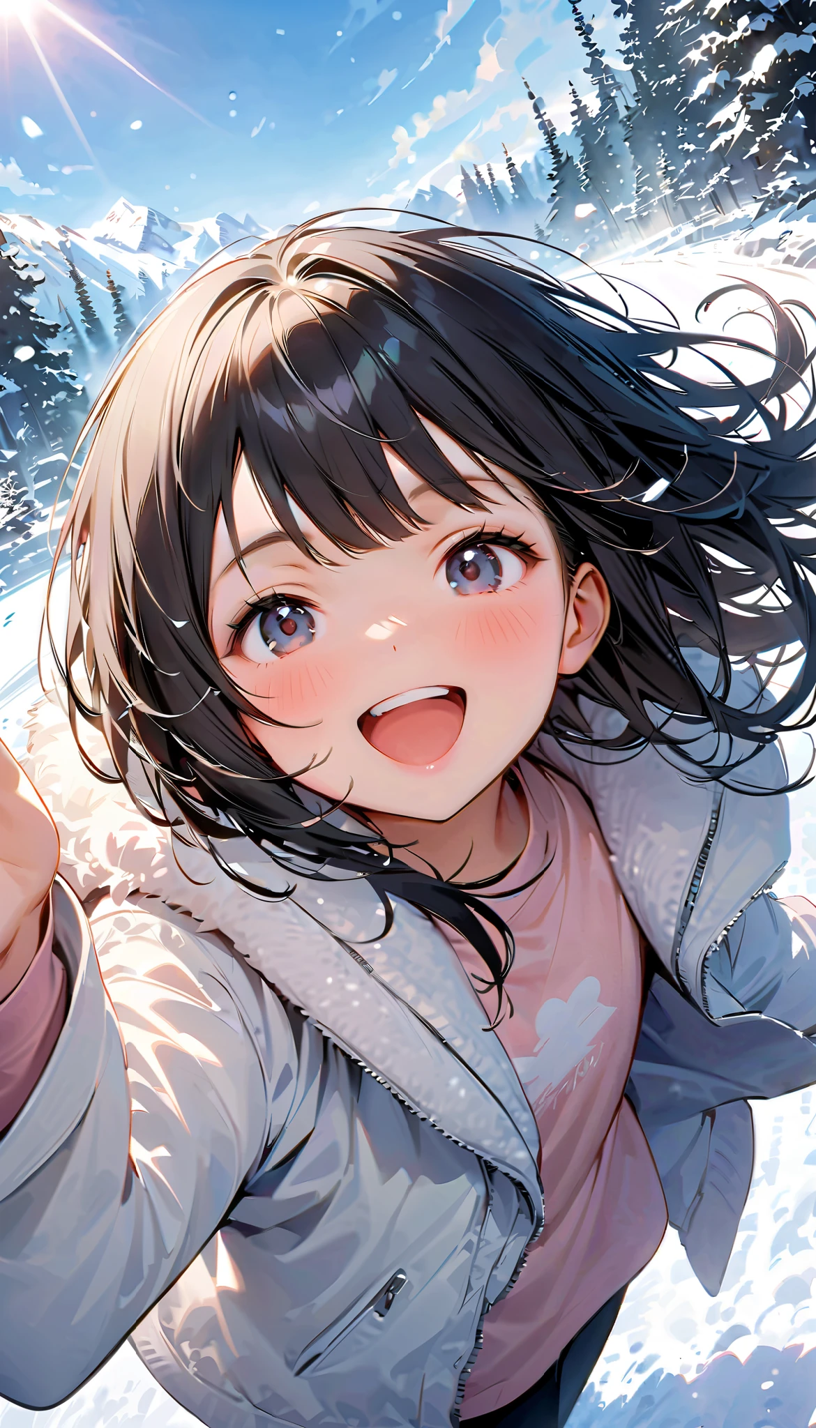( best quality :1.2, very detailed, Latest, lively, best quality , Aesthetics at its best) , Face Up Shot, ((( very detailed目と顔))), Official Art, 8k Ultra HD, very detailed, Delicate and dynamic, blurred background , Outdoors, daytime, Hiku Snow Scenery , there's snow on the ground, it's snowing, Falling Snow, winter, White World, is dazzling, one woman, 2.5D, smile, black eyes, black hair, short, pees on a very young , flat chest, Fluffy winter clothes, Get excited, dynamic pose, dynamic angle, Realistic, her breath is white