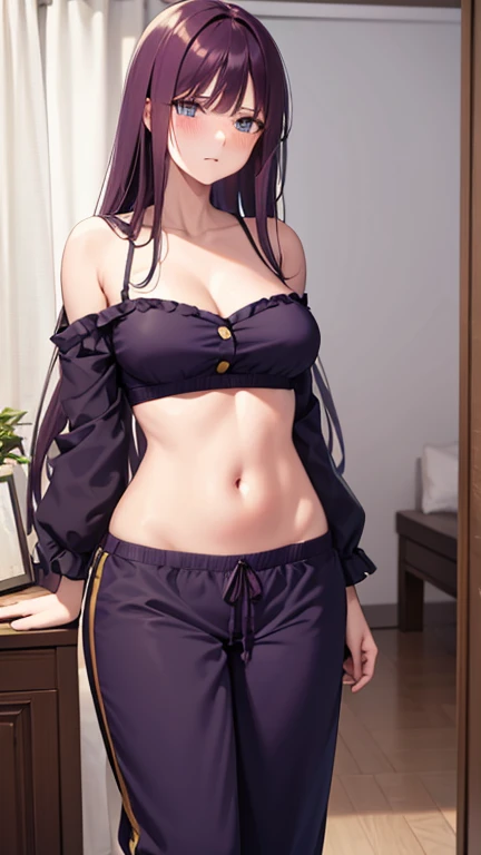 Komi Shouko, sleeping shorts, cow bikini, exposed crotch, character taking off her clothes with her hands, purple hair, purple eyes, hair over one eye, long hair, small breasts, very short blue blouse, low waist, part of breasts showing, blouse lifted showing part of the breasts, belly showing, crown, earrings, jewelry, princess, star earrings, looking at the viewer, best quality, high resolution, (beautiful detailed eyes: 1.6), extremely detailed face, extremely detailed CG, (perfect hands, perfect anatomy),