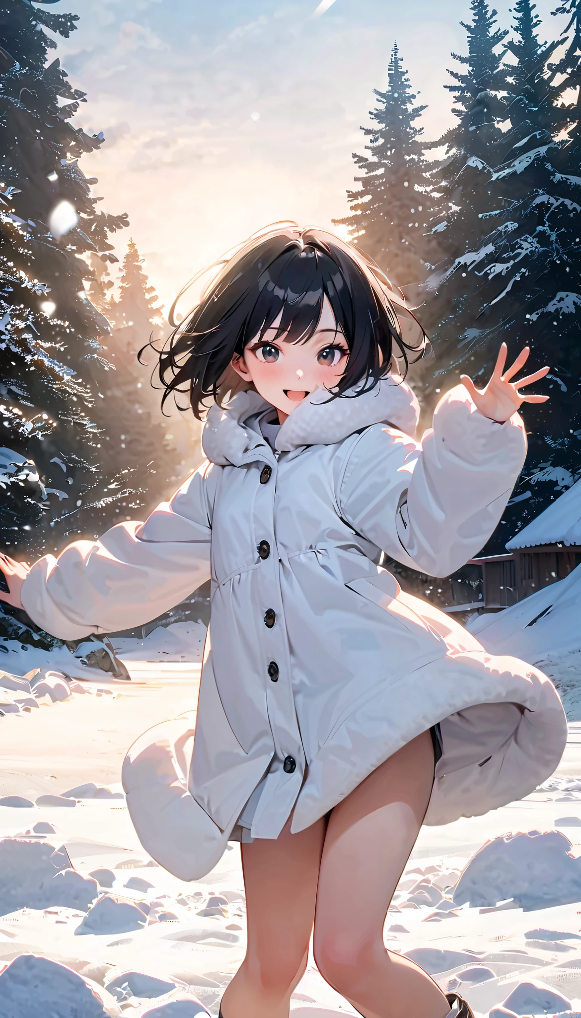 ( best quality :1.2, very detailed, Latest, lively, best quality , Aesthetics at its best) , Face Up Shot, ((( very detailed目と顔))), Official Art, 8k Ultra HD, very detailed, Delicate and dynamic, blurred background , Outdoors, daytime, Hiku Snow Scenery , there's snow on the ground, it's snowing, Falling Snow, winter, White World, is dazzling, one woman, 2.5D, smile, black eyes, black hair, bob cut, short, pees on a very young , flat chest, Fluffy winter clothes, Get excited, dynamic pose, dynamic angle, Realistic, her breath is white