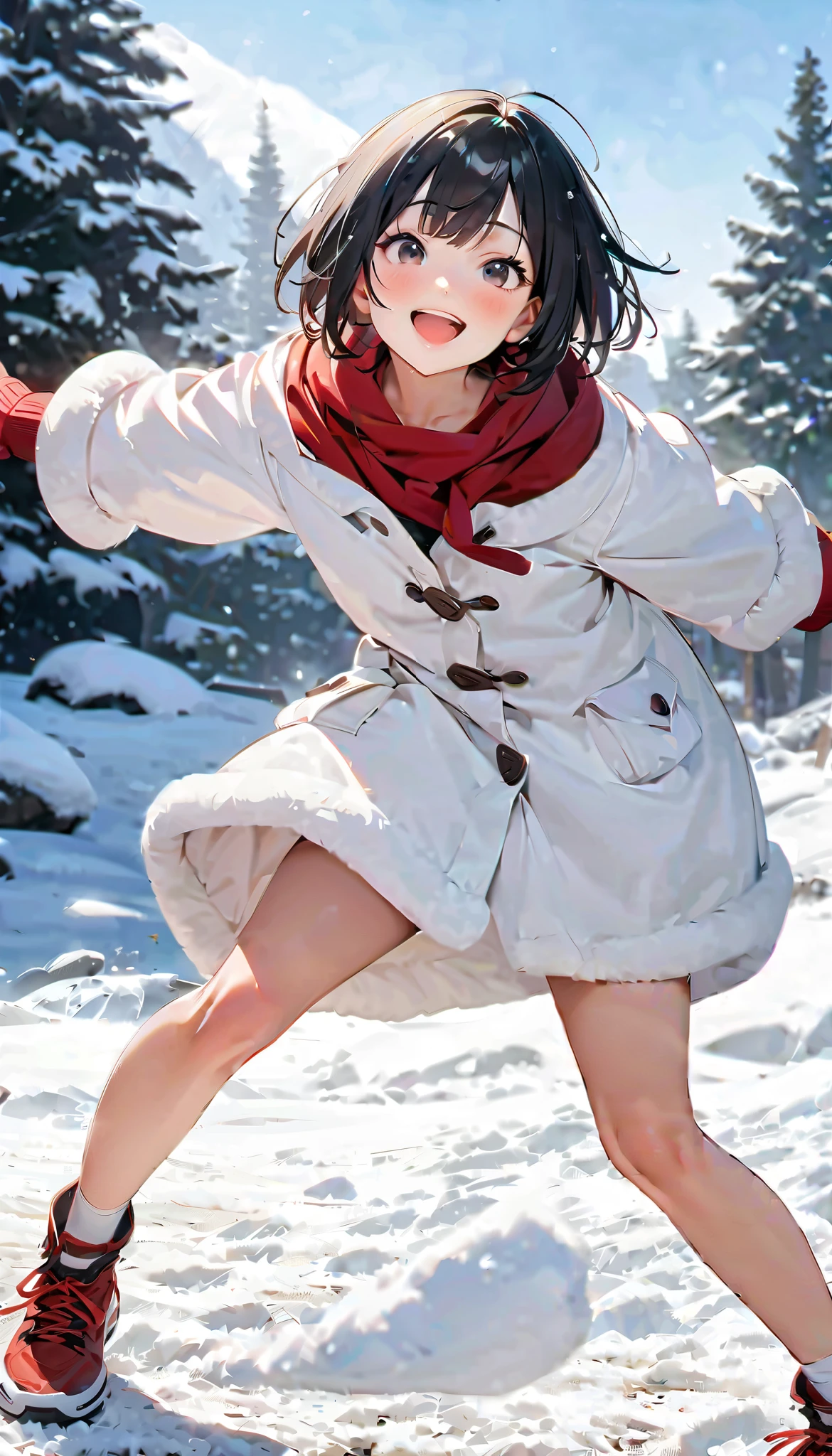 ( best quality :1.2, very detailed, Latest, lively, best quality , Aesthetics at its best) , Face Up Shot, ((( very detailed目と顔))), Official Art, 8k Ultra HD, very detailed, Delicate and dynamic, blurred background , Outdoors, daytime, Hiku Snow Scenery , there's snow on the ground, it's snowing, Falling Snow, winter, White World, is dazzling, one woman, 2.5D, smile, black eyes, black hair, bob cut, short, pees on a very young , flat chest, Fluffy winter clothes, Get excited, dynamic pose, dynamic angle, Realistic, her breath is white