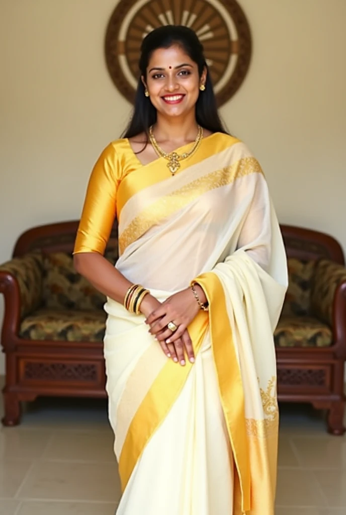 Indian curvy young female white fair skintone wearing kerala white kasavu saree in kerala home living room. Realistic image.Closeup.looks like nithya menon