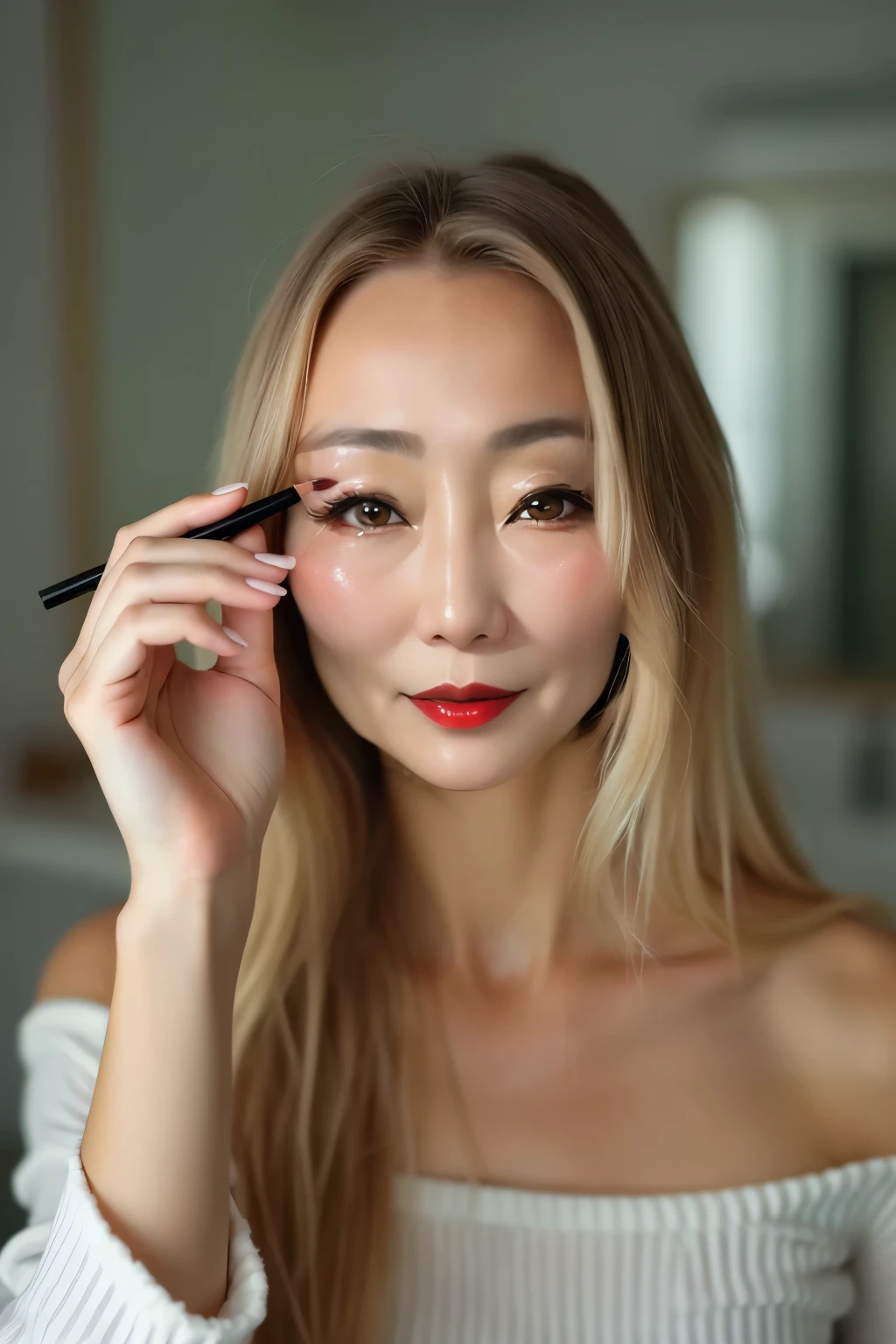 Japanese、Middle-aged women、50 years old、 wrinkles on the outer corner of her eyes 、Red lipstick