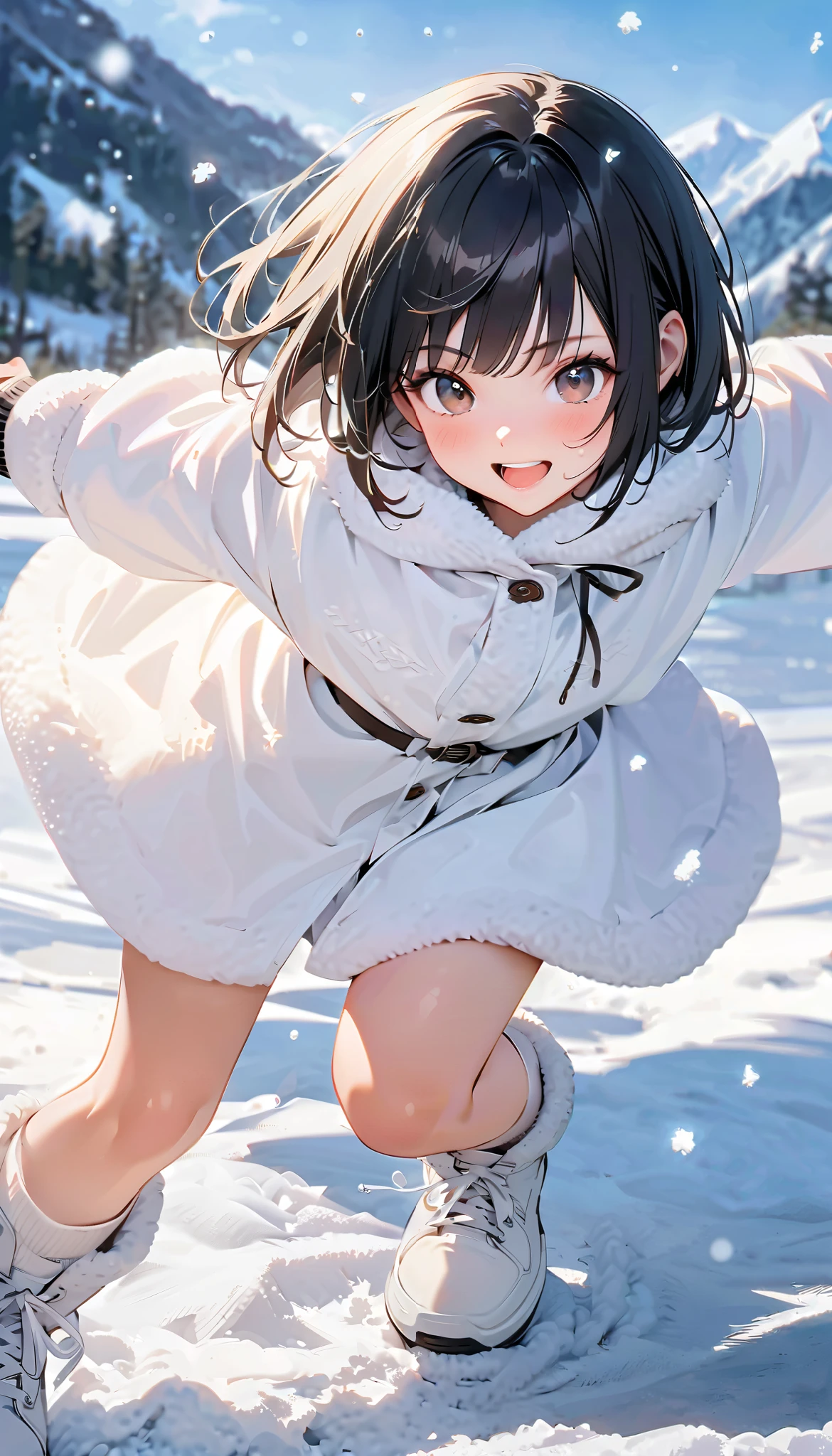 ( best quality :1.2, very detailed, Latest, lively, best quality , Aesthetics at its best) , Face Up Shot, ((( very detailed目と顔))), Official Art, 8k Ultra HD, very detailed, Delicate and dynamic, blurred background , Outdoors, daytime, Hiku Snow Scenery , there's snow on the ground, it's snowing, Falling Snow, winter, White World, is dazzling, one woman, 2.5D, smile, black eyes, black hair, bob cut, short, pees on a very young , flat chest, Fluffy winter clothes, Get excited, dynamic pose, dynamic angle, Realistic, her breath is white