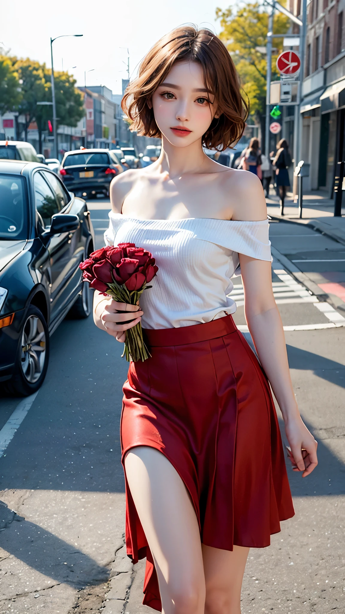 xxmixgirl,1 female, detailed eyes,detailed face , detailed thighs, on street in New York, detailed background, cinematic shadow, dramatic lighting by Bill Sienkiewicz, ( SimplepositiveXLv1:0.7), xxmix_girl, aesthetic portrait, low angle cowboy shot image, tight sweater, (full field roses :1.4),
(puff long sleeve:1.3), mermaid knit mini skirt, model pose,
