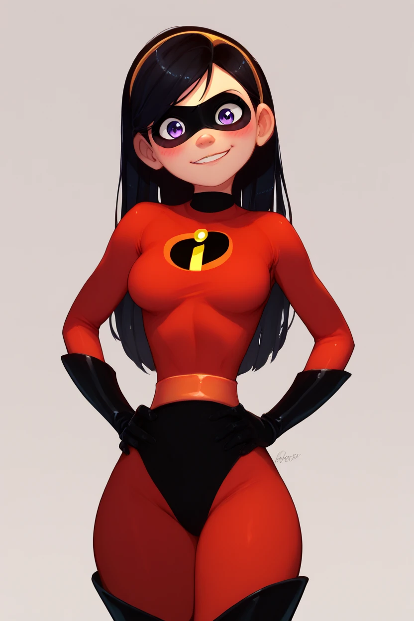 Violet Parr, violetparr, violetparr, black hair, masterpiece, best quality, 1girl, violetparr, mask, long hair, black hair, hair over one eye, solo, looking at viewer, smile, simple background, dark black hair