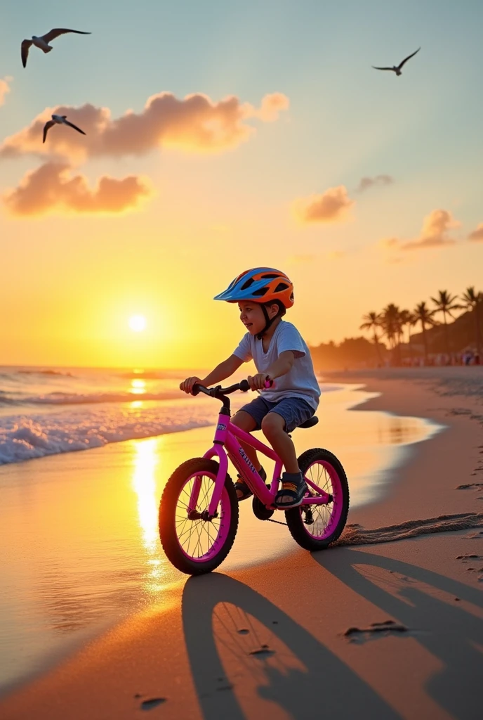 A child doing a wheelie on a red bike in the middle of the sea