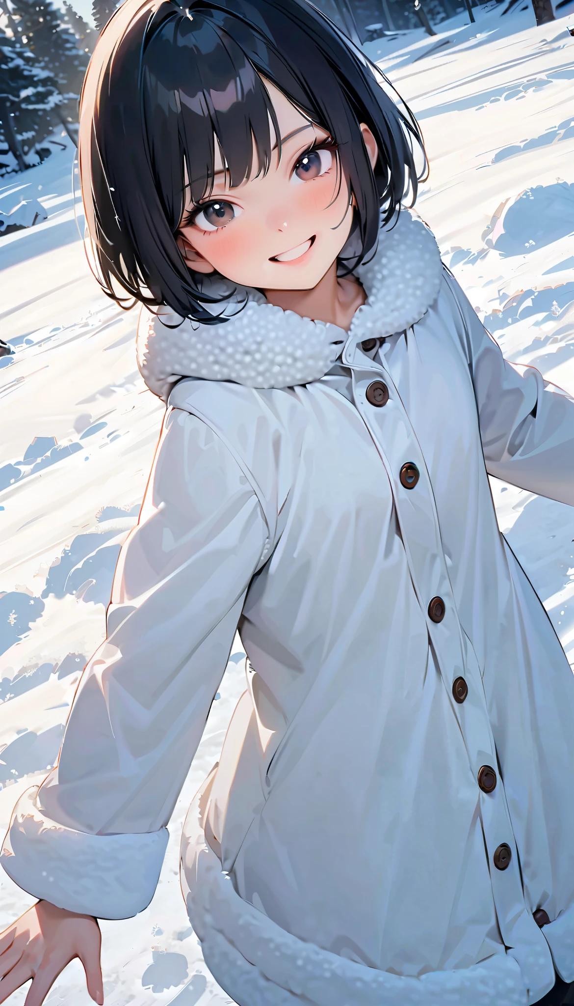( best quality :1.2, very detailed, Latest, lively, best quality , Aesthetics at its best) , Face Up Shot, ((( very detailed目と顔))), Official Art, 8k Ultra HD, very detailed, Delicate and dynamic, blurred background , Outdoors, daytime, Hiku Snow Scenery , there's snow on the ground, it's snowing, Falling Snow, winter, White World, is dazzling, one woman, 2.5D, smile, black eyes, black hair, bob cut, short, pees on a very young , flat chest, Fluffy winter clothes, Get excited, dynamic pose, dynamic angle, Realistic, her breath is white