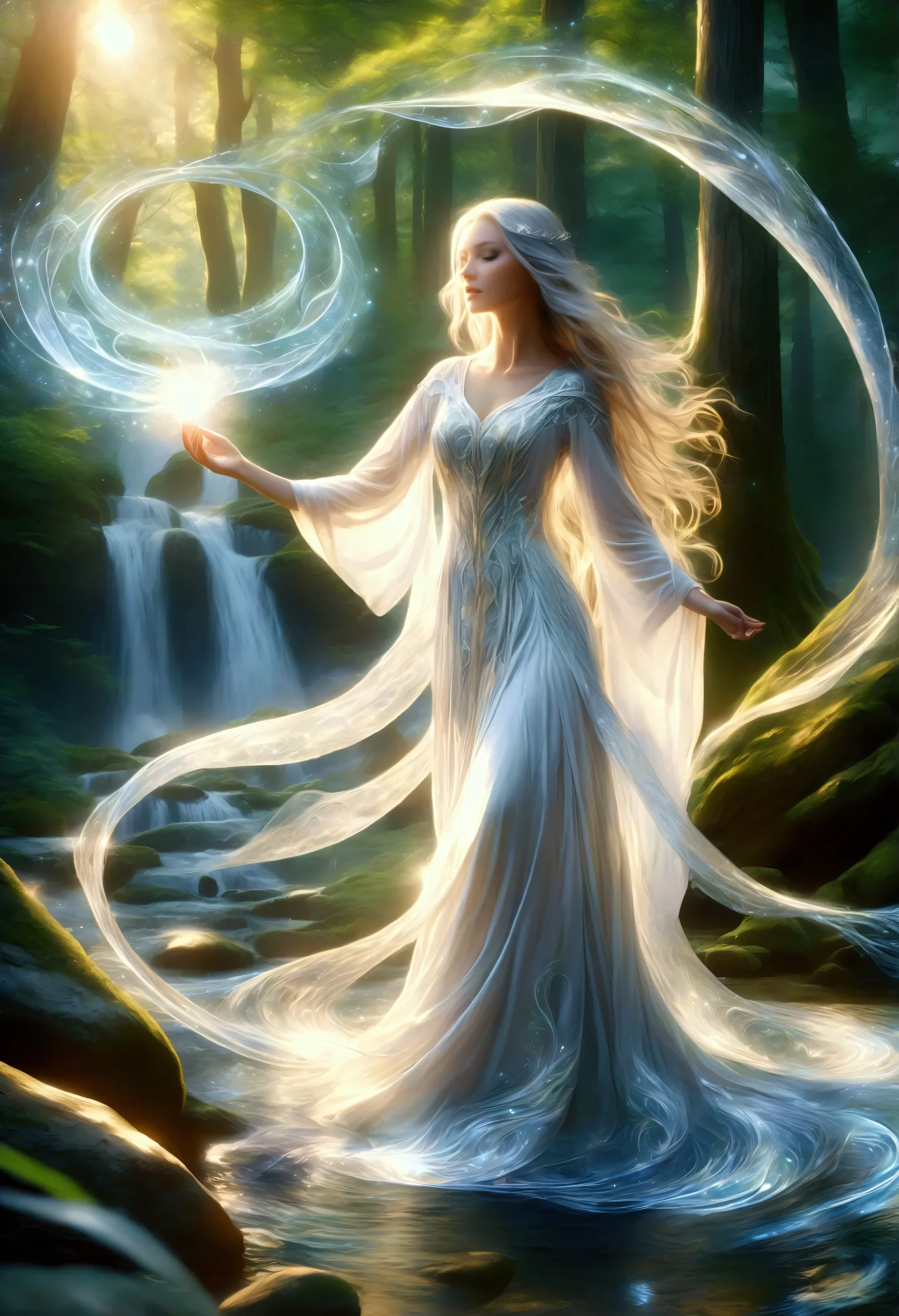 ( best quality ,4K,8k, high resolution,Masterpiece:1.2), ULTRA DETAILS, ( realistic,photo realistic,photo- realistic:1.37), in the heart of the magic forest, shrouded in moonlight passing through her upper canopy , the forest stands . she is an elf magician , her long silvery hair 、 like moonlight threads woven into silk 、 draw waves shimmering around her slender body 。. Her Eyes, a fairytale blend of iridescent sparkles , Shining with the light of another world , reflects the myriad colors of the surrounding forest . they are windows of the soul that are as old as trees , full of wisdom and mystery far beyond her youth . adorned with intricate patterns of delicate silver thread, move gracefully without effort . each movement is a dance , fluid movements that seem like water flowing over smooth stones . when she raises her delicate hand to the sky , The air around her is magical energy cracking , with its intrinsic spiritual beauty That call Responding to ripples . powerful words flow out of her lips like liquid silver , Ghost melodies and ancient spells echoing through the night of silence . in each word , streaks of magical energy begin swirling around her , Wears a white flowing robe woven into a sparkling vortex of light and shadow . shapes begin to appear in the swirling vortex , pure magical phantom creatures that dance to the rhythm of her voice . and when they reach the peak of her spell , her voice reaches its peak , fills the forest with symphonies of power and wonder . along with the brilliant sketch at the end of the forest , releasing spells that shine with the light of the other world , magical energy condensed into a brilliant explosion of light that illuminates the darkness like a thousand stars .(Art by Amano Yoshitaka:1.3)