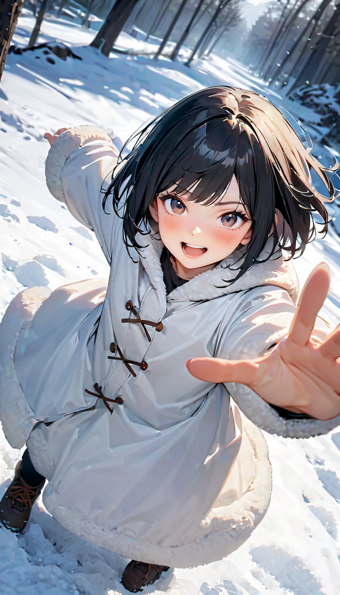 ( best quality :1.2, very detailed, Latest, lively, best quality , Aesthetics at its best) , Face Up Shot, ((( very detailed目と顔))), Official Art, 8k Ultra HD, very detailed, Delicate and dynamic, blurred background , Outdoors, daytime, Hiku Snow Scenery , there's snow on the ground, it's snowing, Falling Snow, winter, White World, is dazzling, one woman, 2.5D, smile, black eyes, black hair, bob cut, short, pees on a very young , flat chest, Fluffy winter clothes, Get excited, dynamic pose, dynamic angle, Realistic, her breath is white