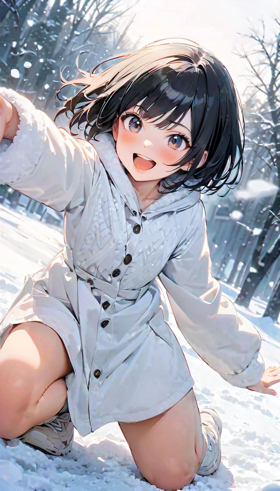 ( best quality :1.2, very detailed, Latest, lively, best quality , Aesthetics at its best) , Face Up Shot, ((( very detailed目と顔))), Official Art, 8k Ultra HD, very detailed, Delicate and dynamic, blurred background , Outdoors, daytime, Hiku Snow Scenery , there's snow on the ground, it's snowing, Falling Snow, winter, White World, is dazzling, one woman, 2.5D, smile, black eyes, black hair, bob cut, short, pees on a very young , flat chest, Fluffy winter clothes, Get excited, dynamic pose, dynamic angle, Realistic, her breath is white